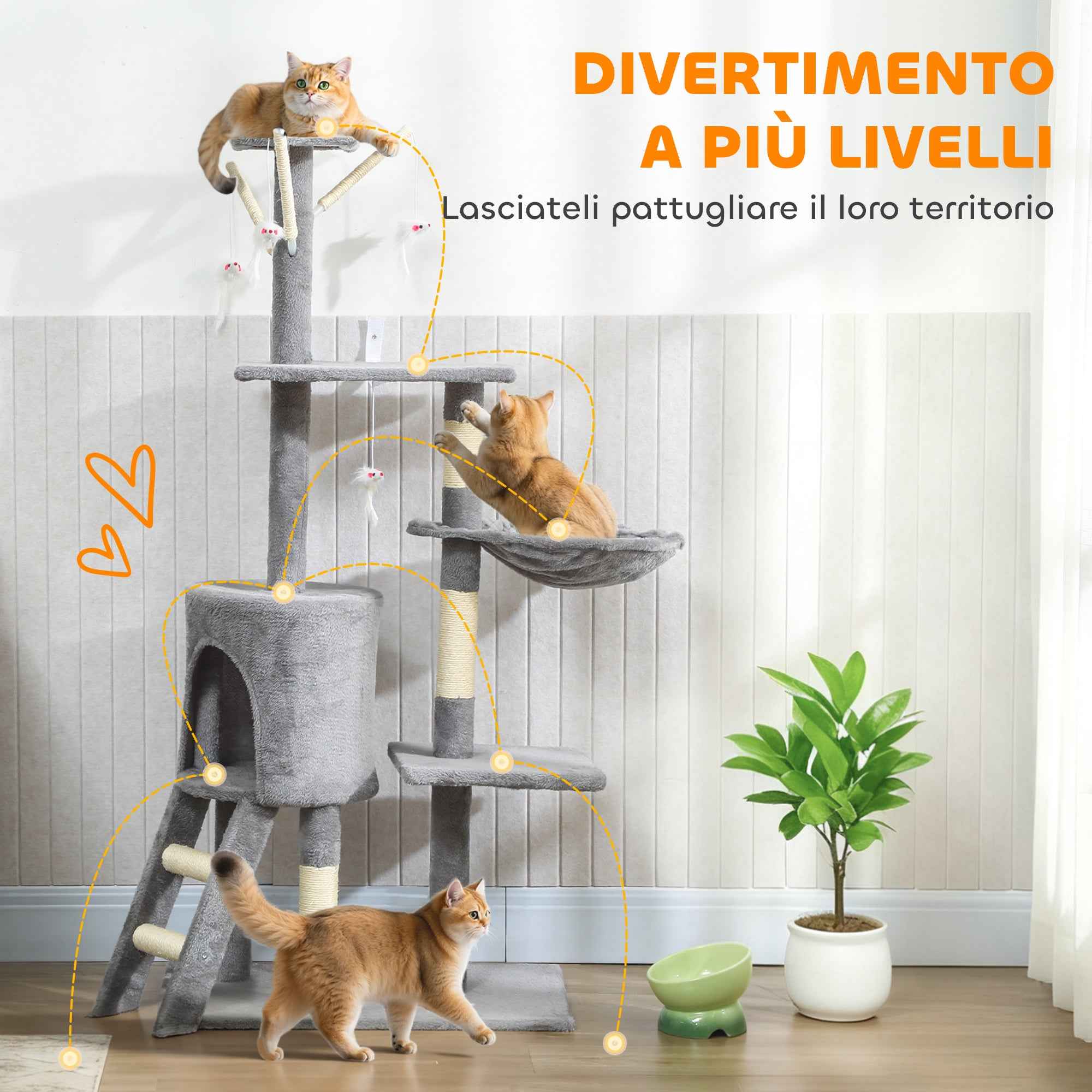 PawHut Cat Tower with House, Perch, Platforms and 4 Mice, Made of Wood, Plush and Sisal, 60x35x134 cm, Grey