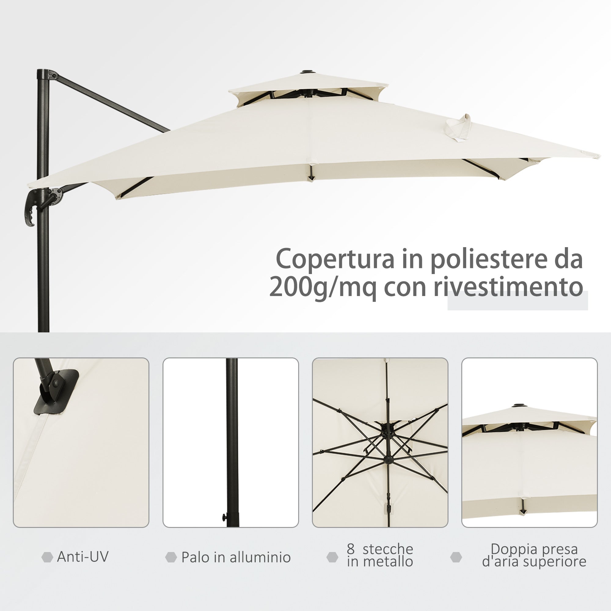 Double Cantilever Umbrella with Crank, Cross Base and Weights, 268x268x265 cm, Beige