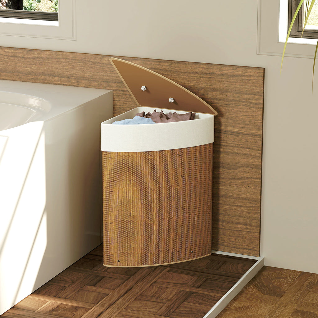 55L Corner Bamboo Laundry Hamper with Removable Bag and Removable Lid, 35x35x60 cm, Brown