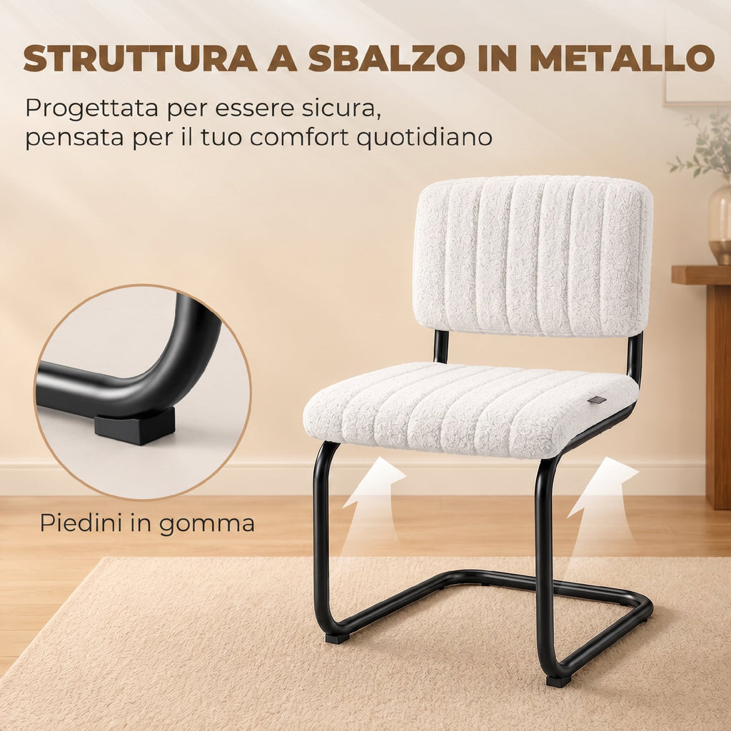 HOMCOM Set of 2 Upholstered Dining Chairs in Teddy Fabric, Metal Sled Frame, Cream White