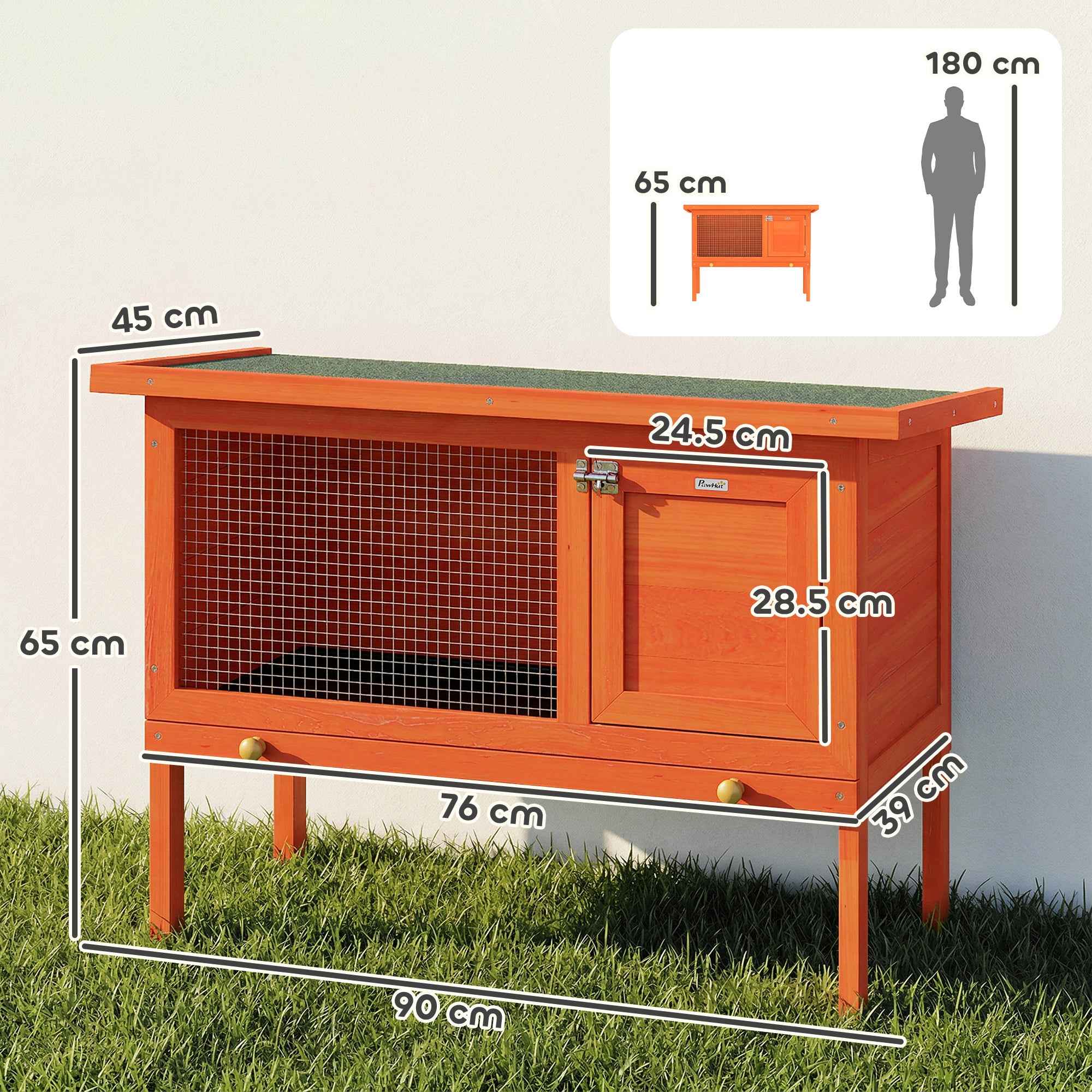 PawHut Outdoor Rabbit Hutch in Pine Wood with Removable Tray, Opening Roof and Lockable Door, Orange