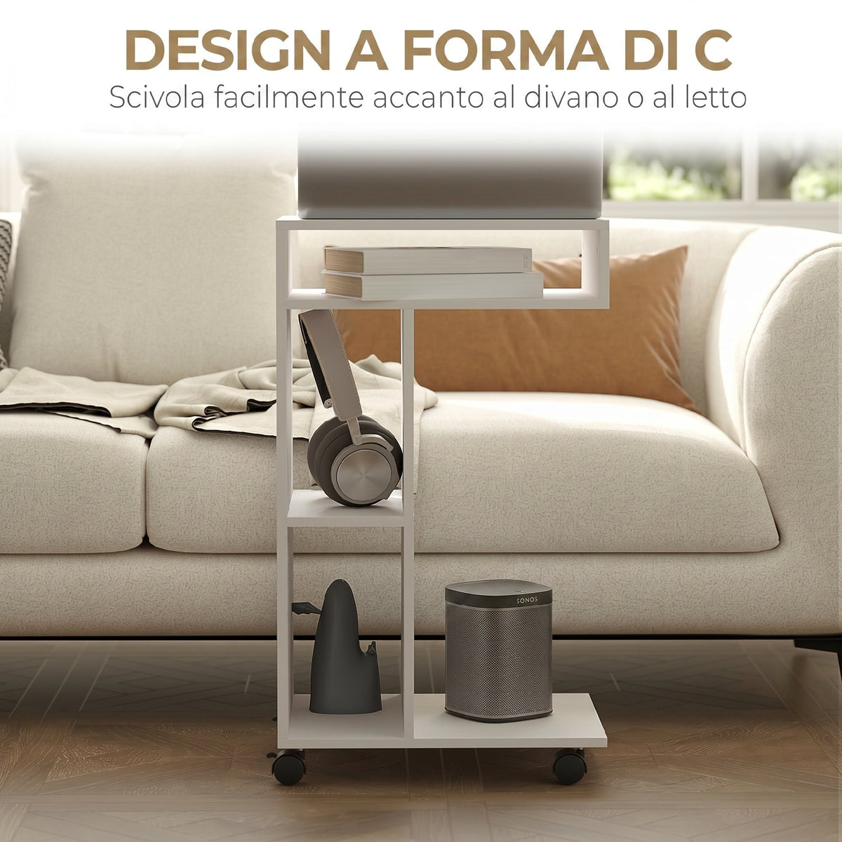 HOMCOM C-Shaped Wooden Coffee Table with Wheels and Open Shelf, 40x30x69 cm, White