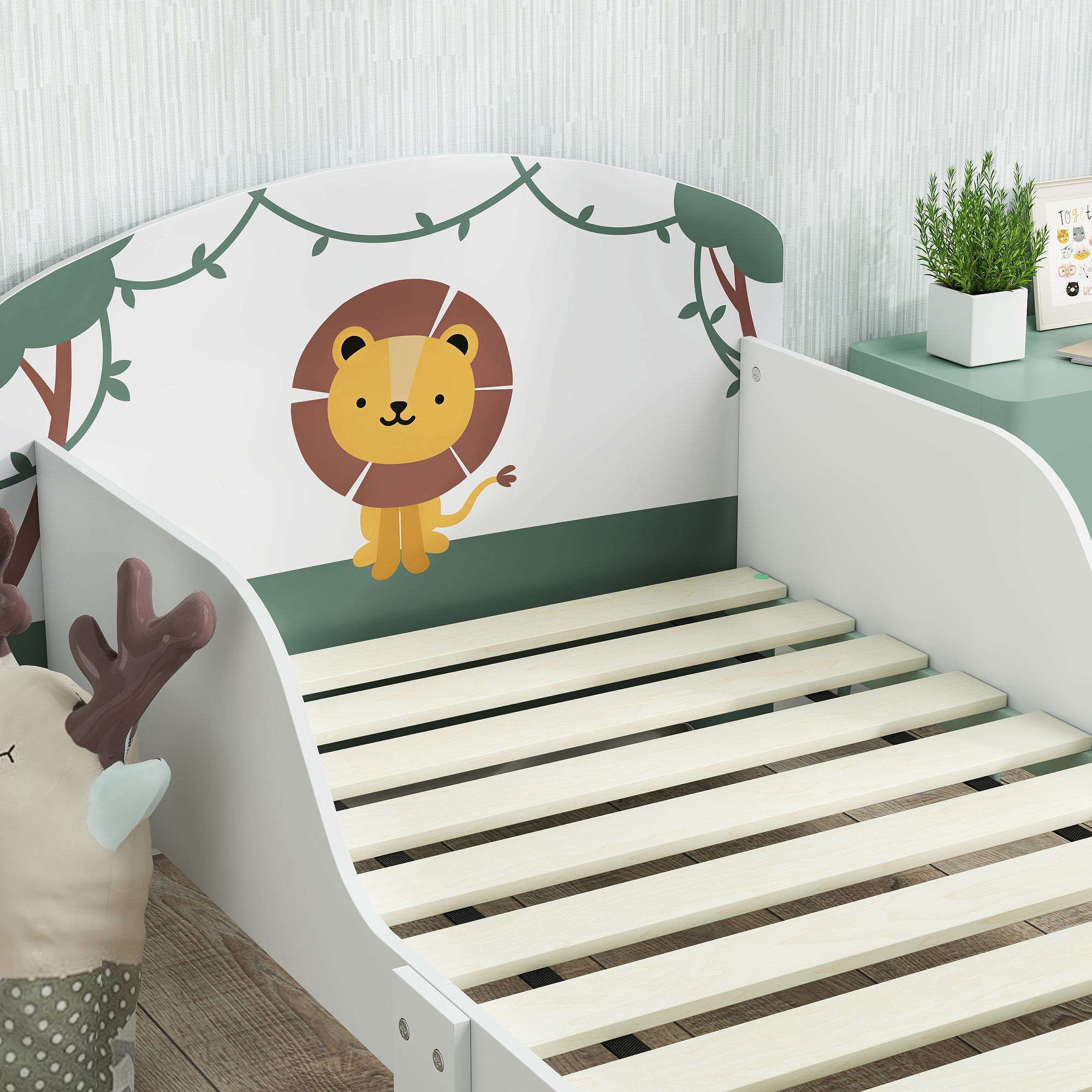 Low Wooden Children's Bed for 3-8 Years Old with Storage Space and Side Rails, 150x77x60 cm, Green