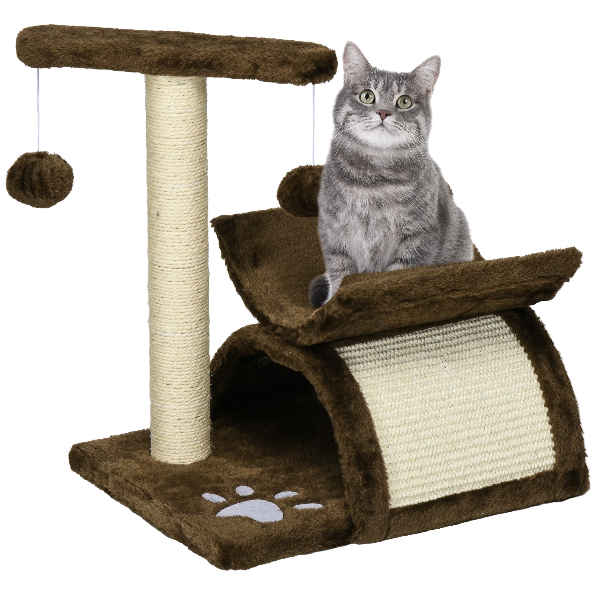 Cat Scratching Post, Cat Tree, Cat Toy, with Bed, 2 Hanging Balls in Natural Sisal, Height 43cm