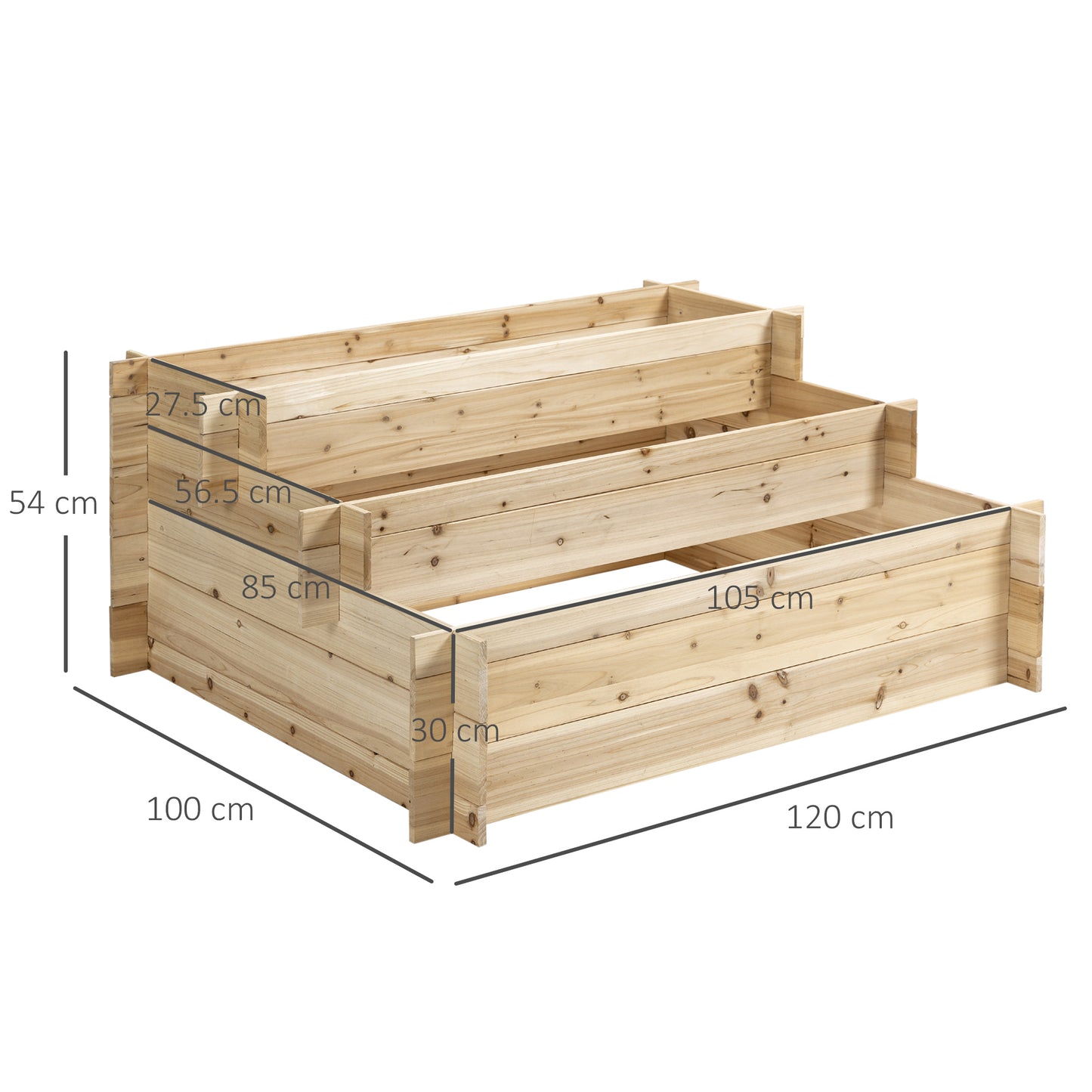 3-Tier Fir Wood Planter, Outdoor Raised Garden Box, 120x100x54cm