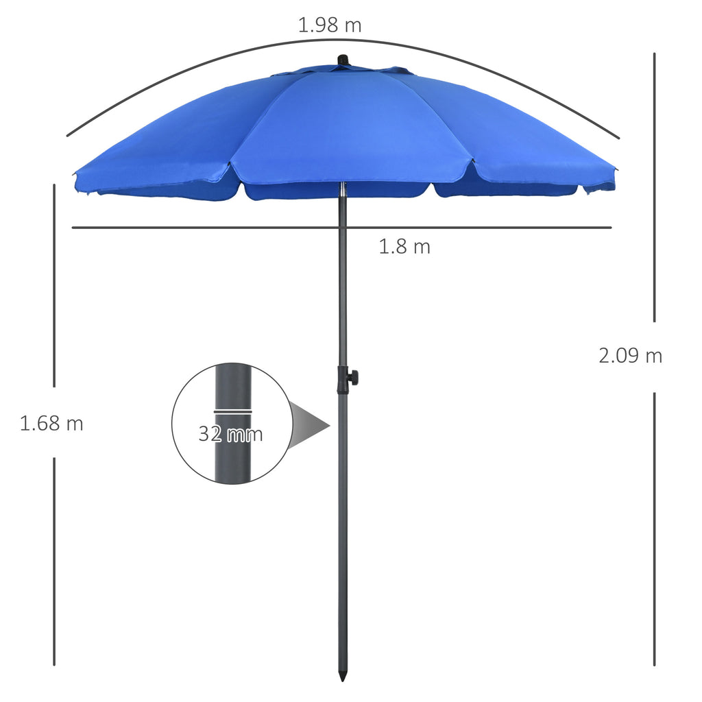 Beach Umbrella 1.8x2 m with 45° Reclining and 8 Ribs, Polyester and Steel, Blue