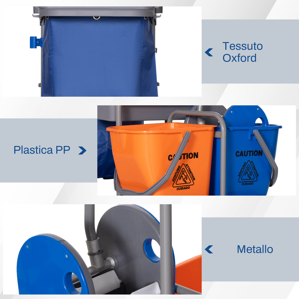 3-Tier Cleaning Trolley with Garbage Bag and Wringer, 111x63.3x103 cm, Grey, Blue and Orange