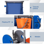 3-Tier Cleaning Trolley with Garbage Bag and Wringer, 111x63.3x103 cm, Grey, Blue and Orange