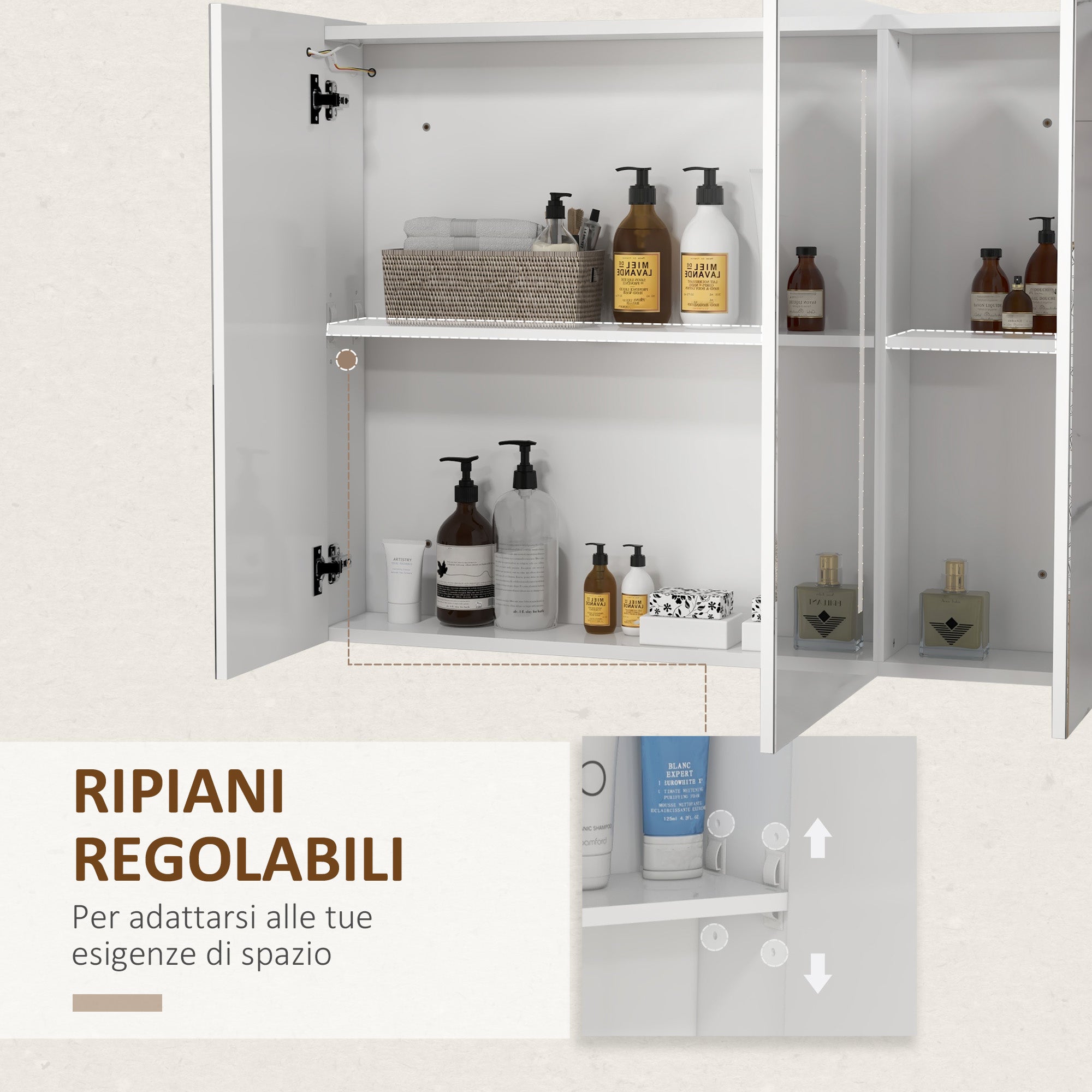 Kleankin Condition with mirror with adjustable shelves and 3 -colored LED lights, in MDF and glass, 90x15x70 cm, white - Borgè