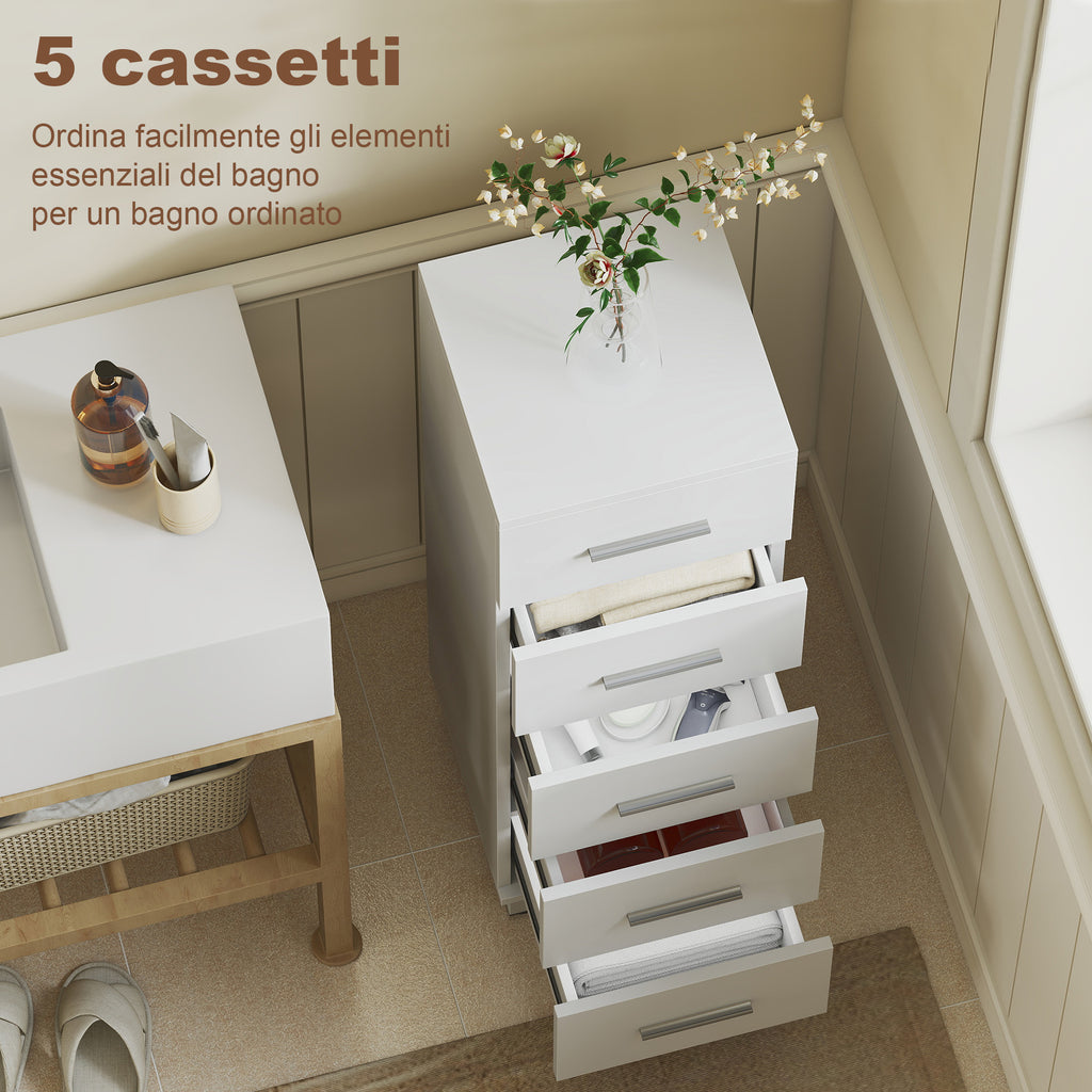 5-Drawer Chest of Drawers for Bedroom and Living Room, FSC Wood, 30x30x95 cm, White