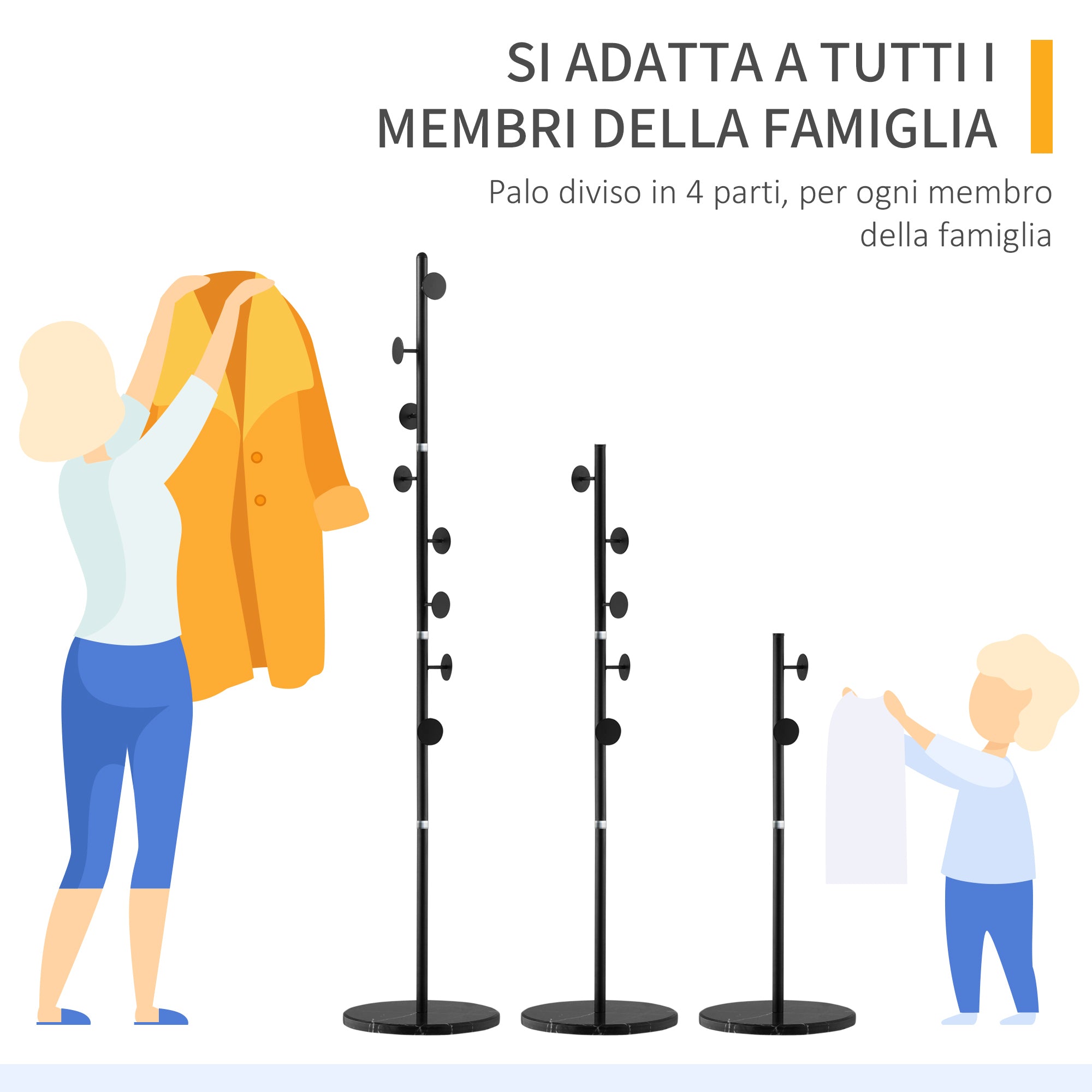 Coat Rack with 8 Hooks, Steel Frame with Marble Base, 35x35x170cm, Black