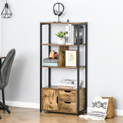 Bookcase Cabinet with 3 Shelves, Cabinet and 2 Drawers, in Chipboard and Metal, 58x24x122 cm