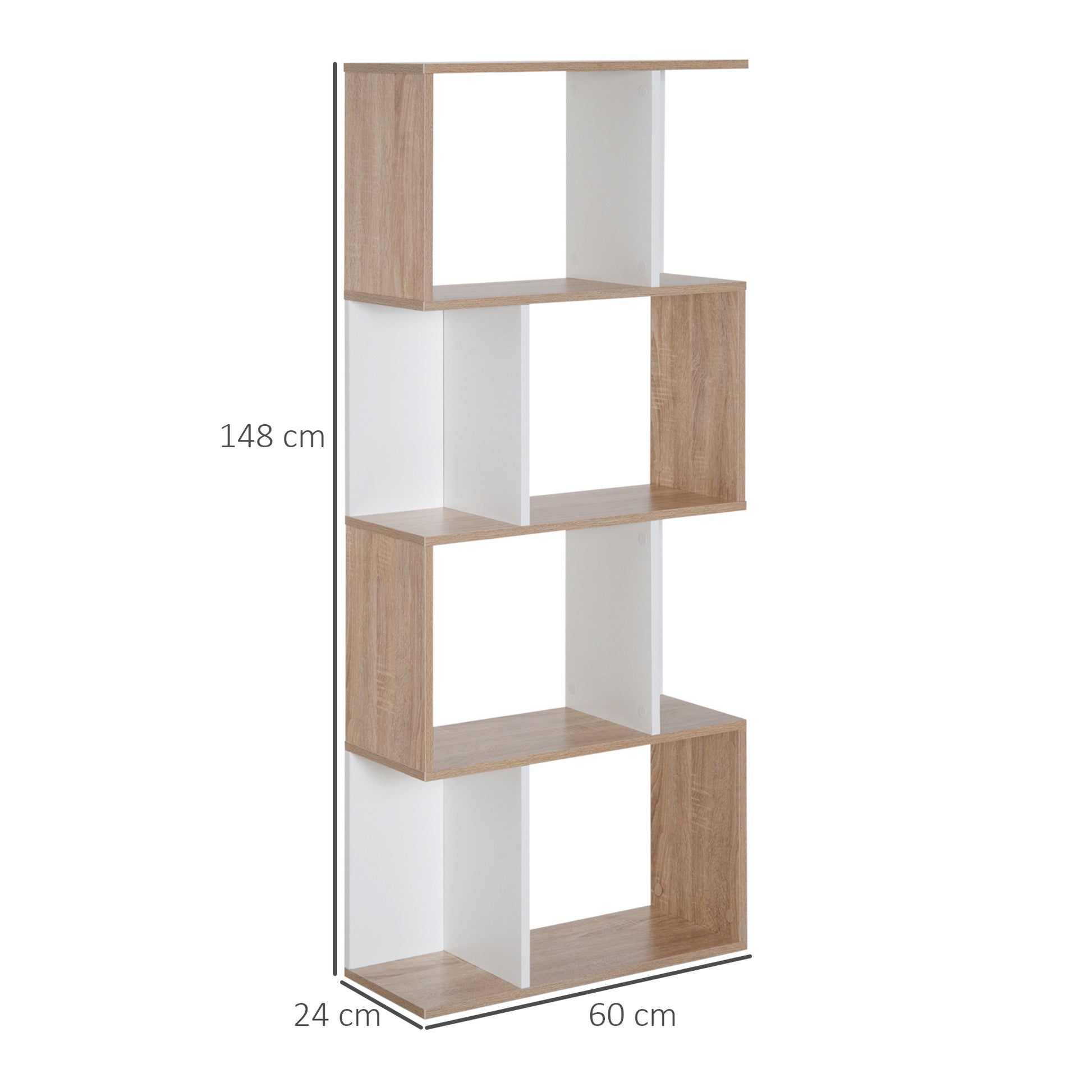 Modern Design Bookcase 4 shelves in Natural Wood and White, 60x24x148cm - Borgè