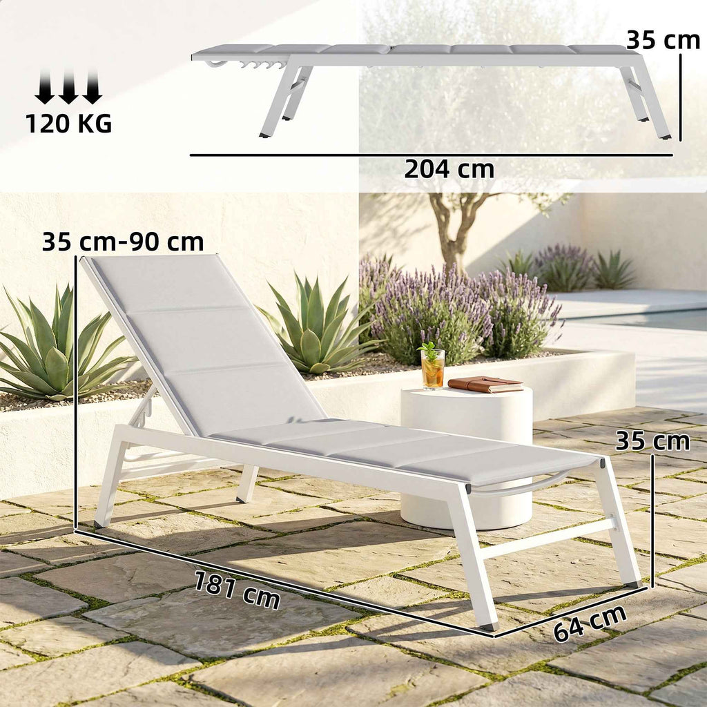 Outsunny Padded Deck Chair, 6-Position Backrest, Aluminum Frame, 120 Kg Capacity, Light Gray