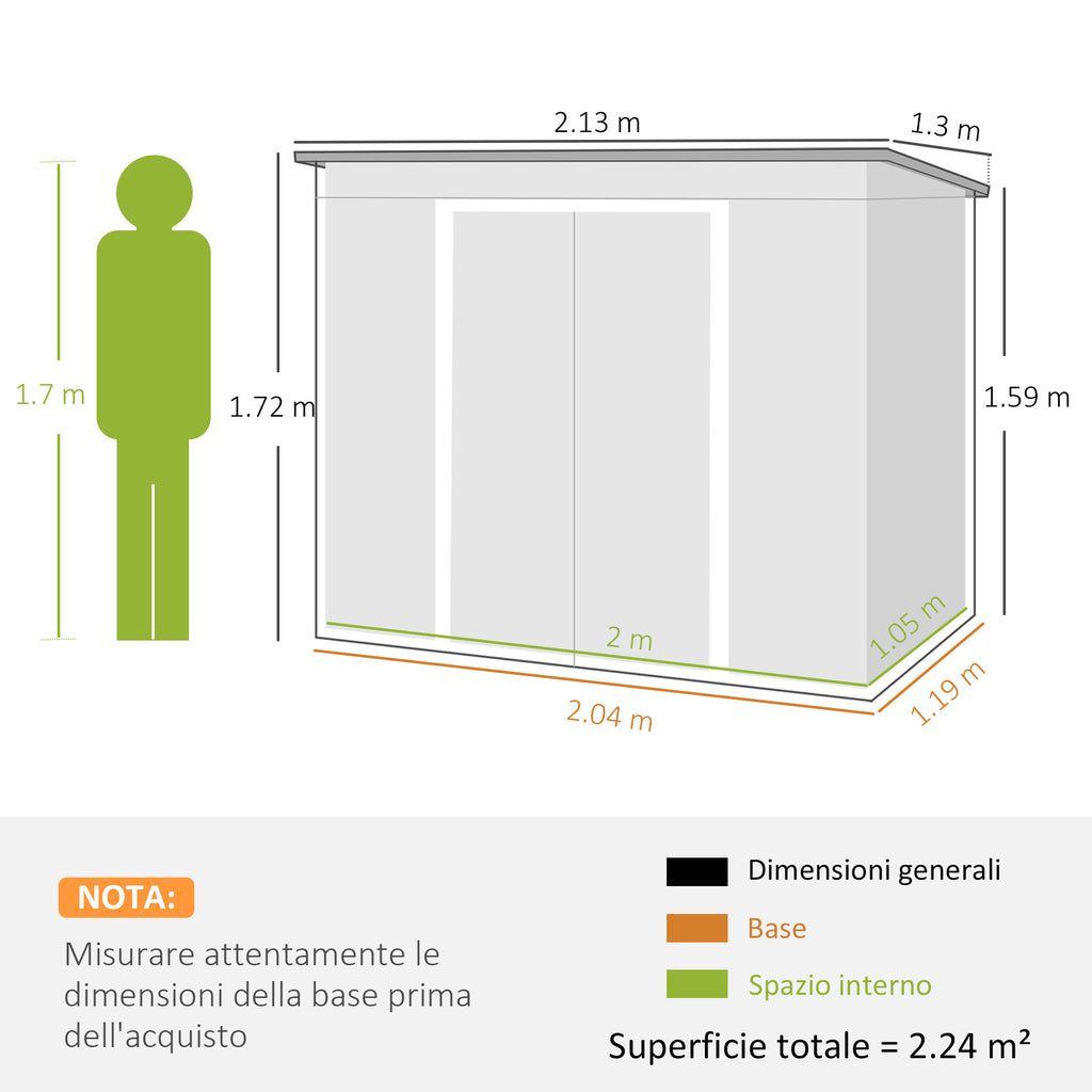 Tool Shed with Sloped Roof, 2 Entrances and Air Intakes, in Galvanized Steel, 213x130x172 cm, Gray