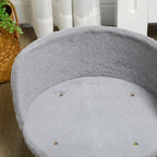 Round Dog Sofa in Plush Fabric and Wood with Extra Cushion, Ø40.5x33 cm, Grey and Wood Color