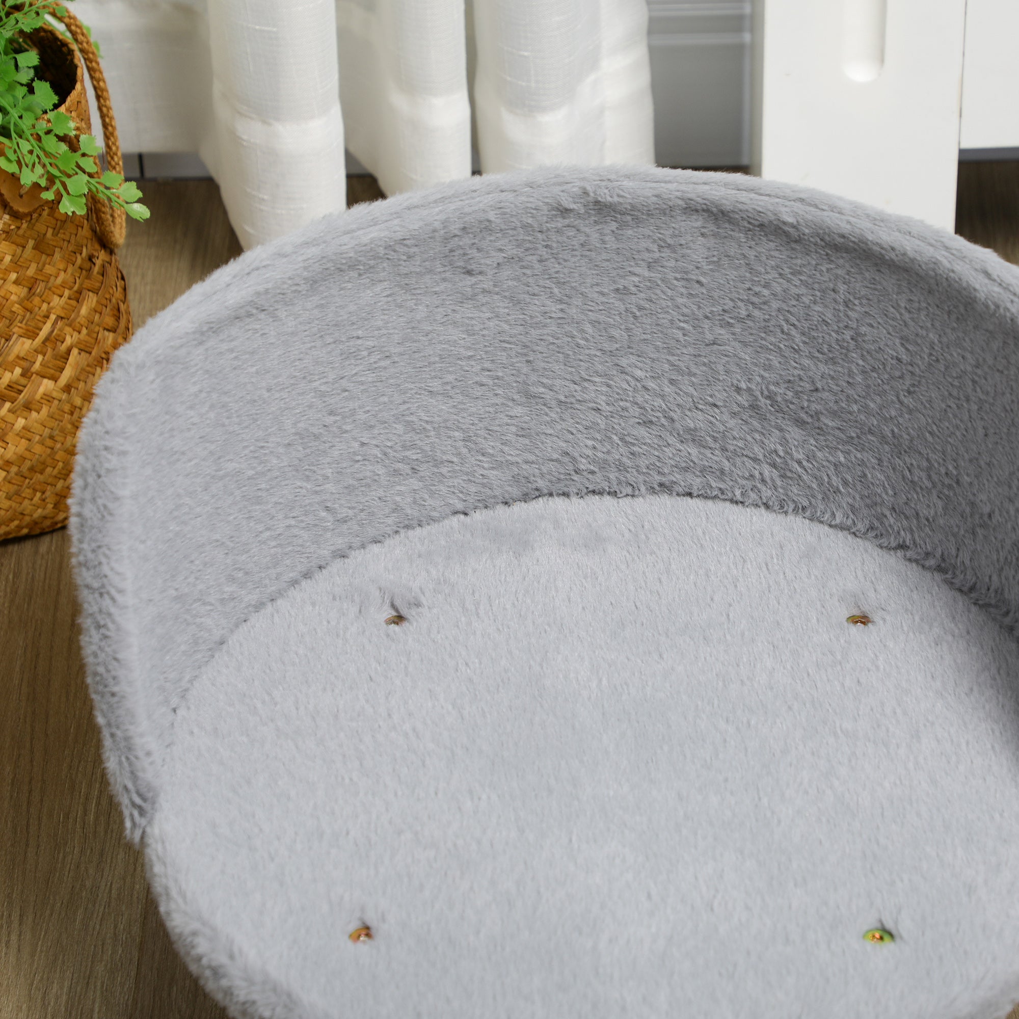 Round Dog Sofa in Plush Fabric and Wood with Extra Cushion, Ø40.5x33 cm, Grey and Wood Color