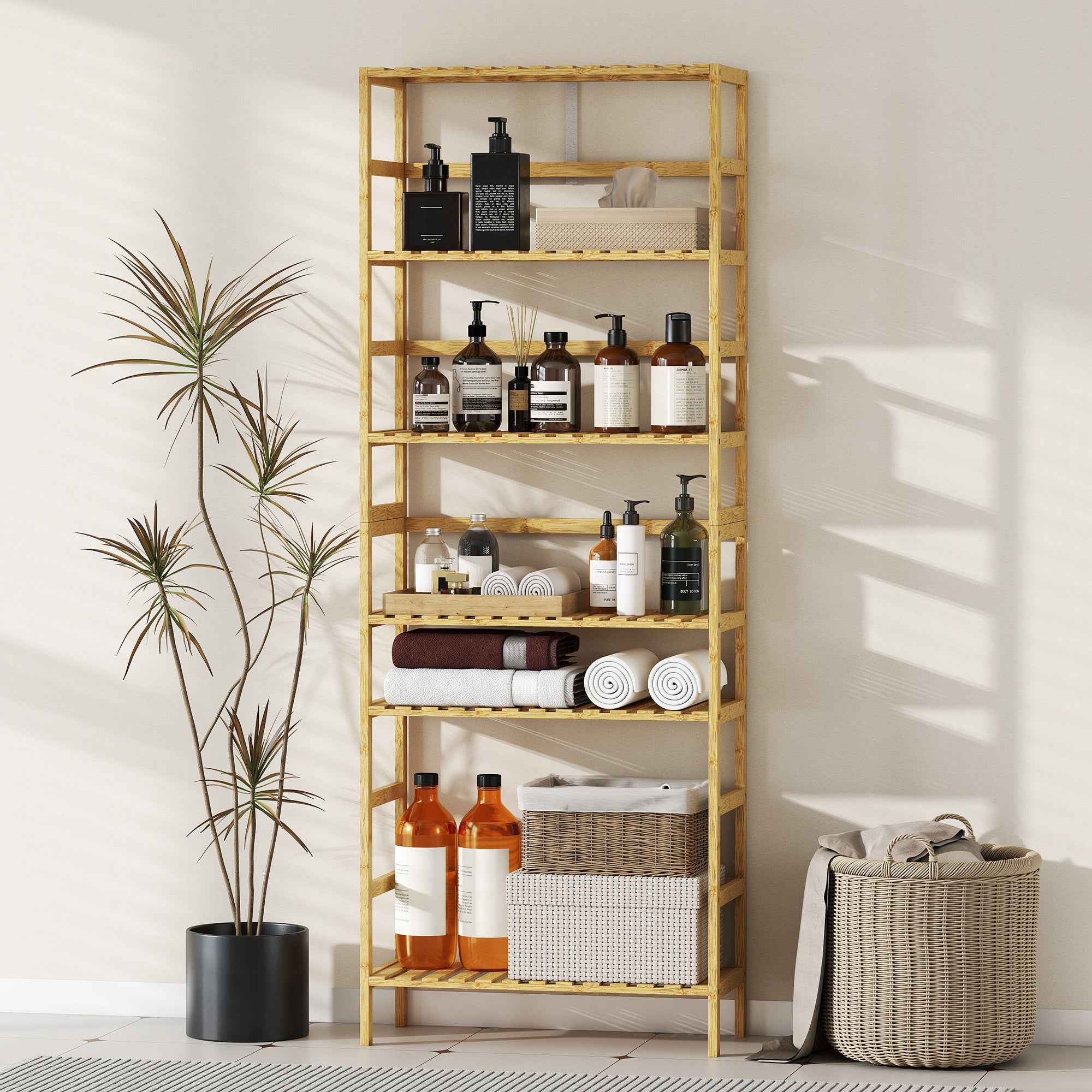 HOMCOM 6-Tier Bamboo Bookshelf with Adjustable Shelves, 60x26x161cm, Natural Wood