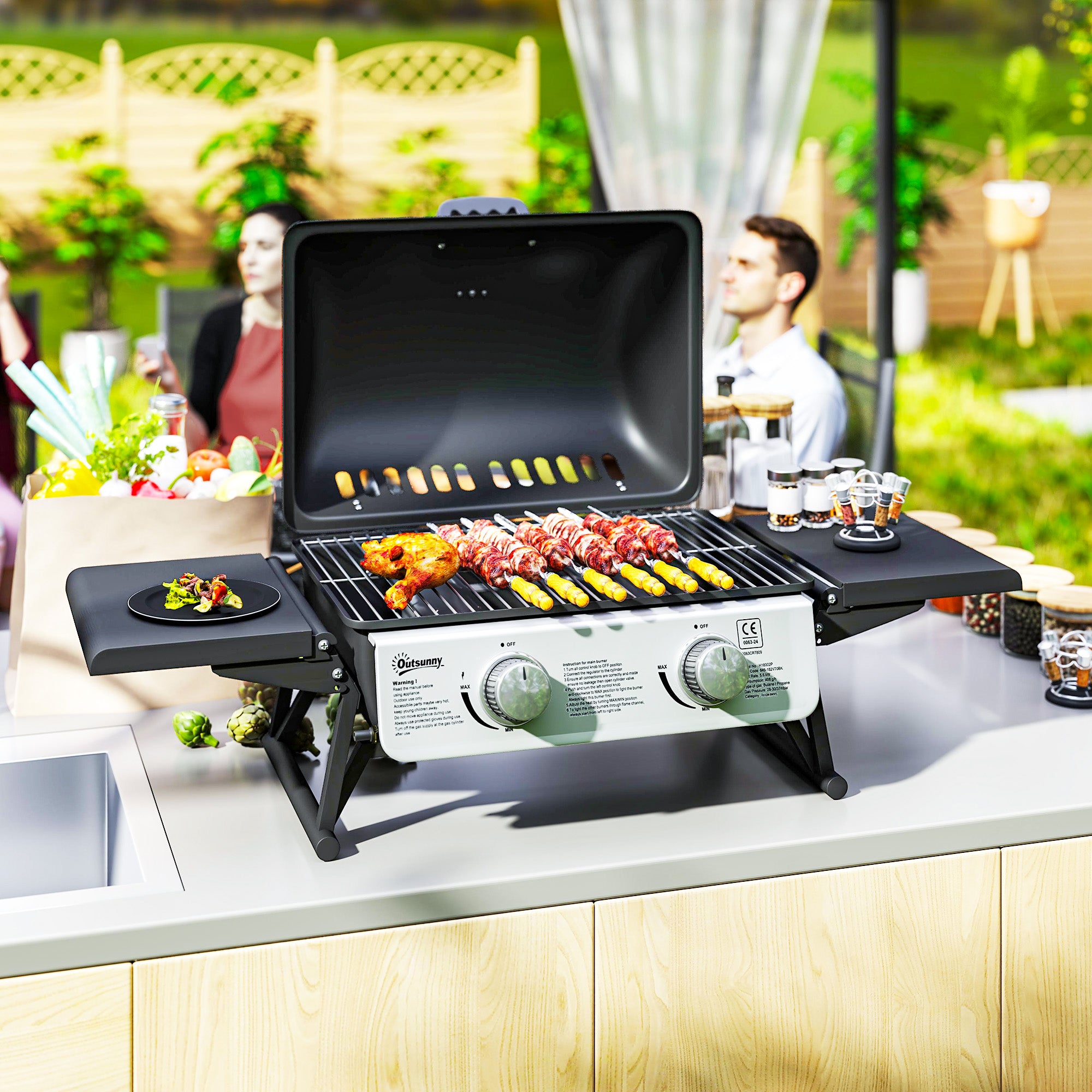 Portable Gas Grill with 2 Burners and Lid with Thermometer, Black