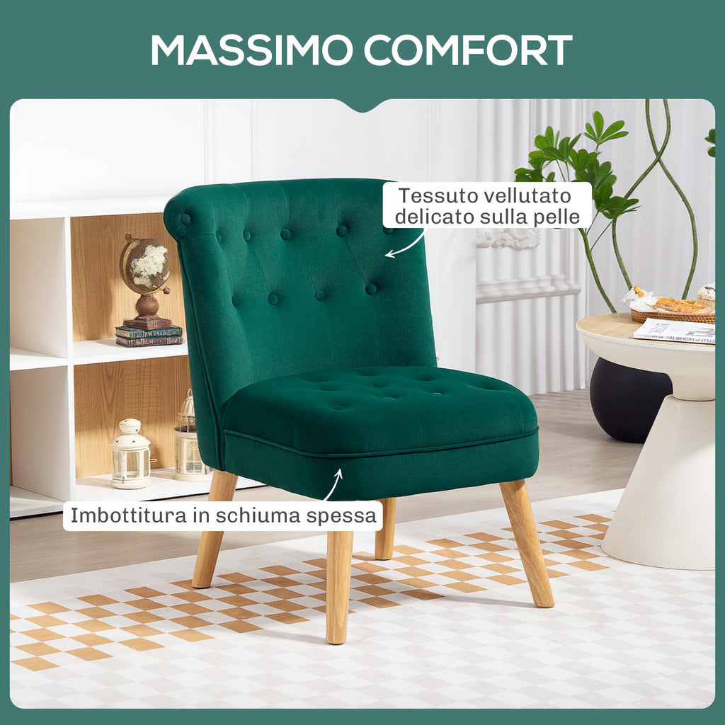 Velvet Lounge Chair with Padded and Quilted Seat with Buttons, 60x66x79 cm, Green