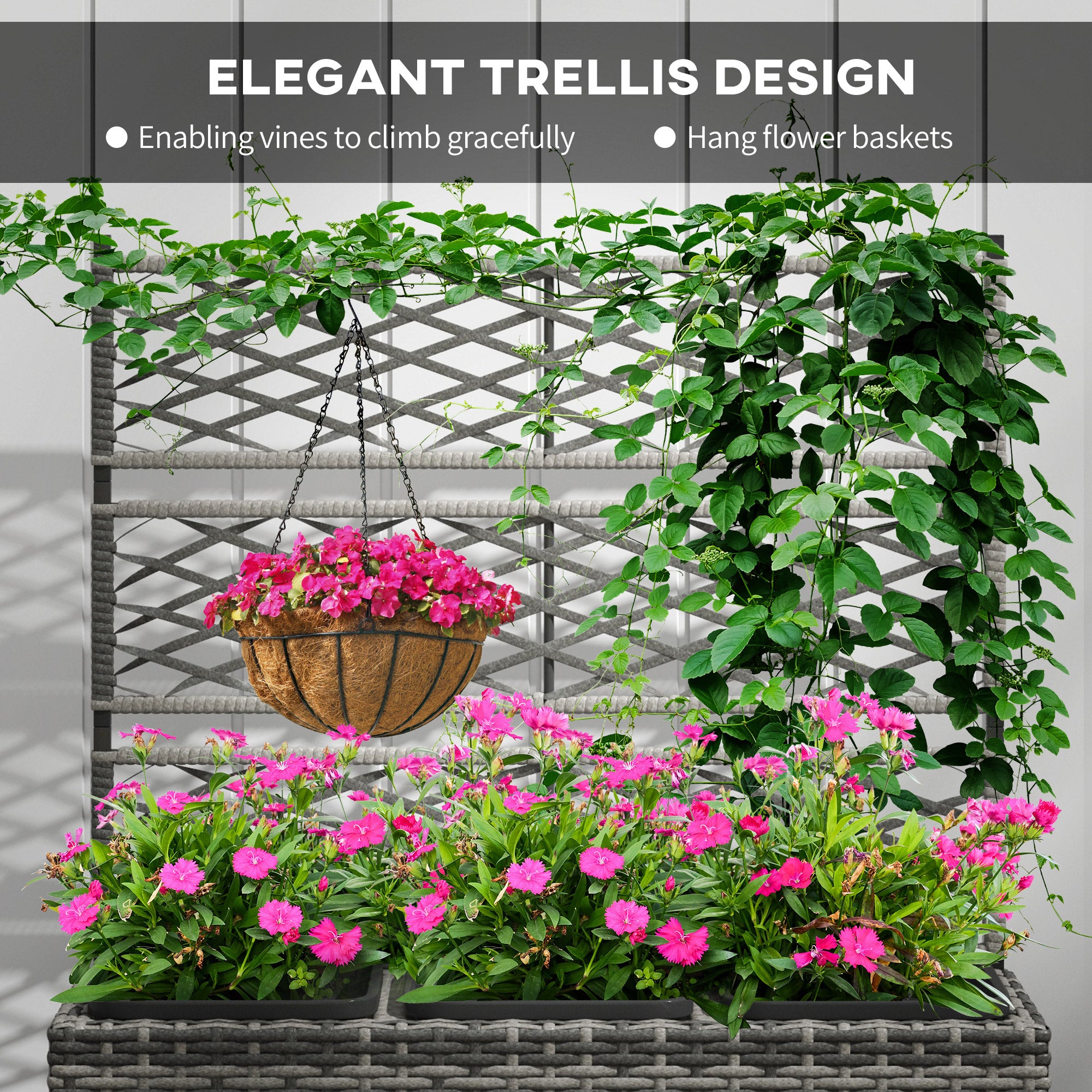 Outsunny Fioriera with grilled for climbing with 3 steel vessels and rattan pe, 84x30x107cm, gray - Borgè