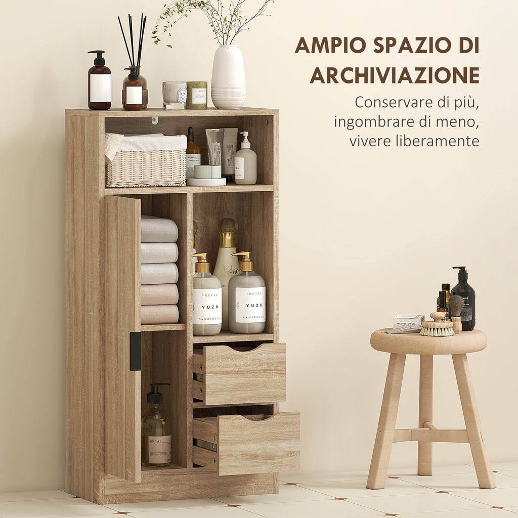 Space-Saving Slim Bathroom Cabinet with 2 Drawers, Shelves and Cabinet, 50x25x100 cm, Natural Wood