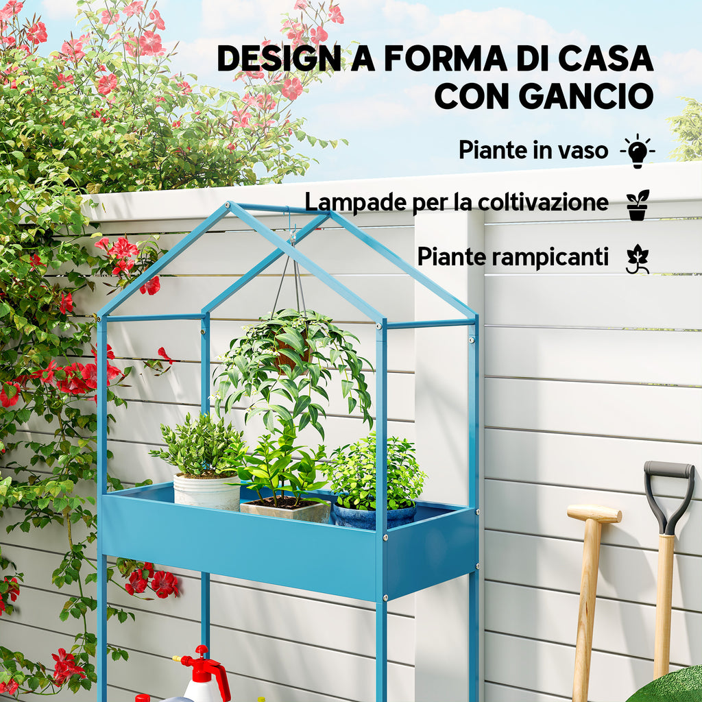Outsunny 2-Tier Metal House Plant Stand with Hook, 75x35x150cm, Blue and Green