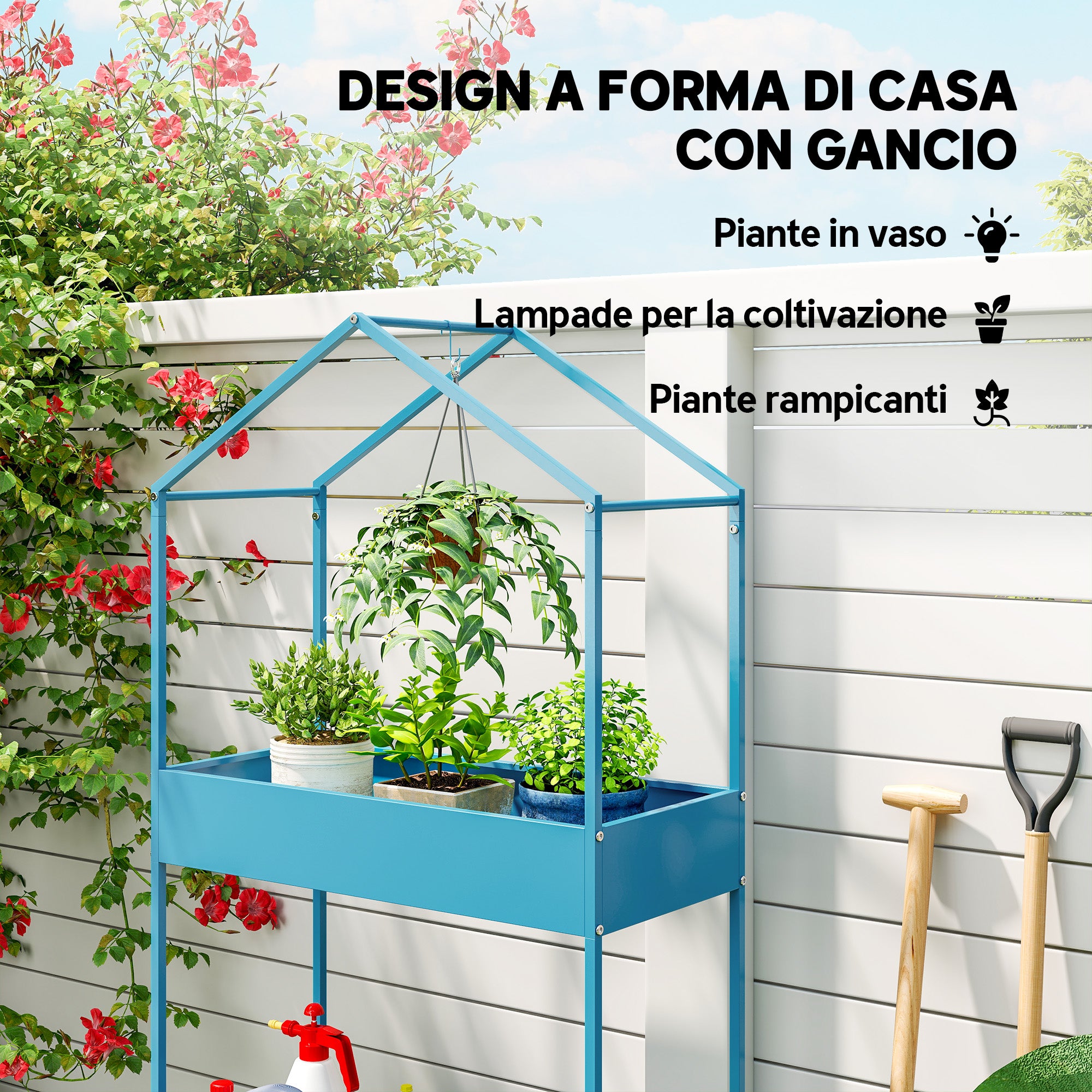 Outsunny 2-Tier Metal House Plant Stand with Hook, 75x35x150cm, Blue and Green