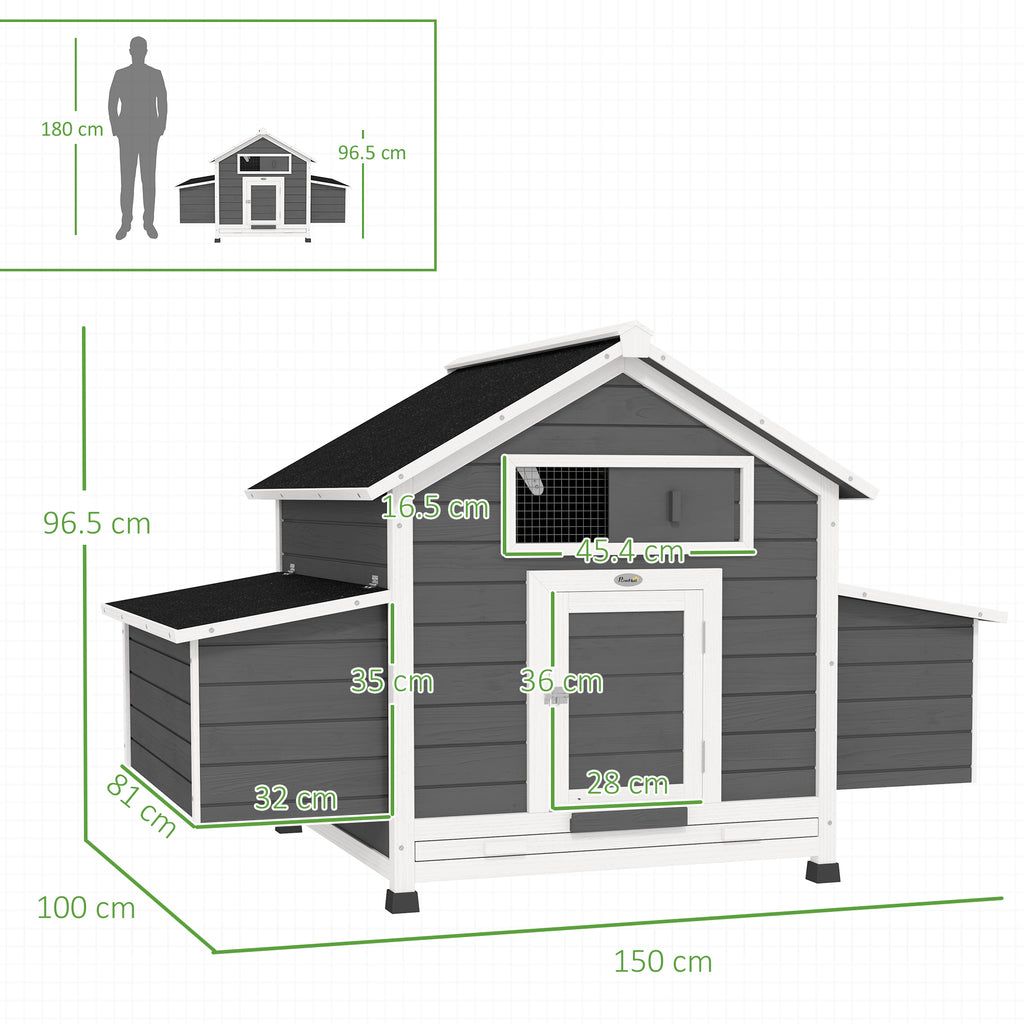 PawHut Outdoor Wooden Chicken Coop with 2 Brooding Nests, Removable Tray and Asphalt Roof, Grey