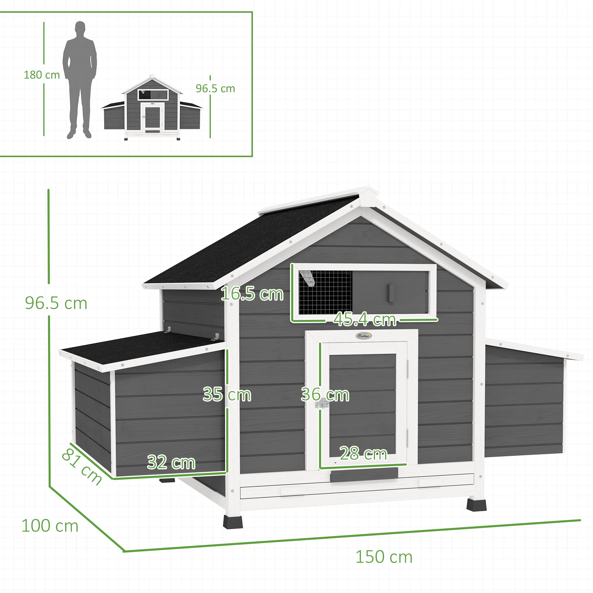 PawHut Outdoor Wooden Chicken Coop with 2 Brooding Nests, Removable Tray and Asphalt Roof, Grey