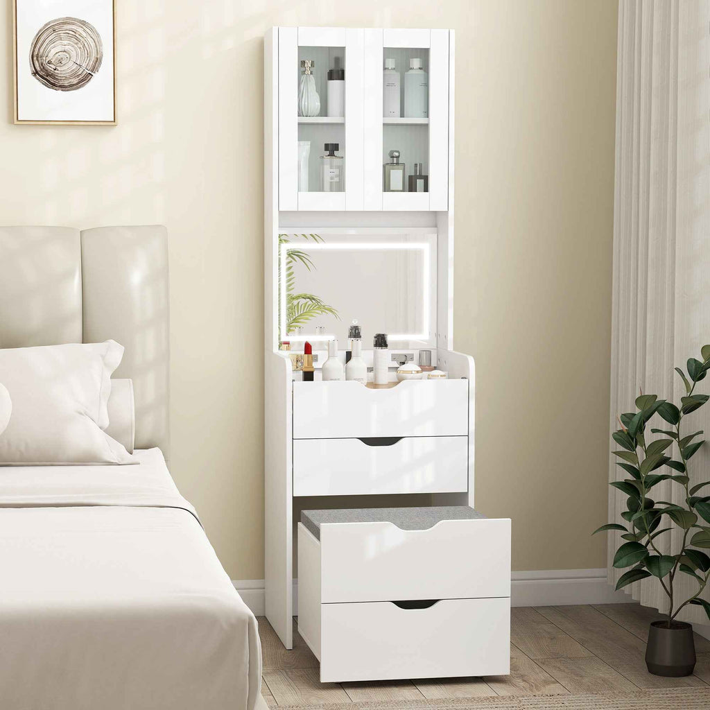 HOMCOM Makeup Vanity Table with Illuminated Mirror and Stool, Adjustable Light, Drawers and Cabinet, White