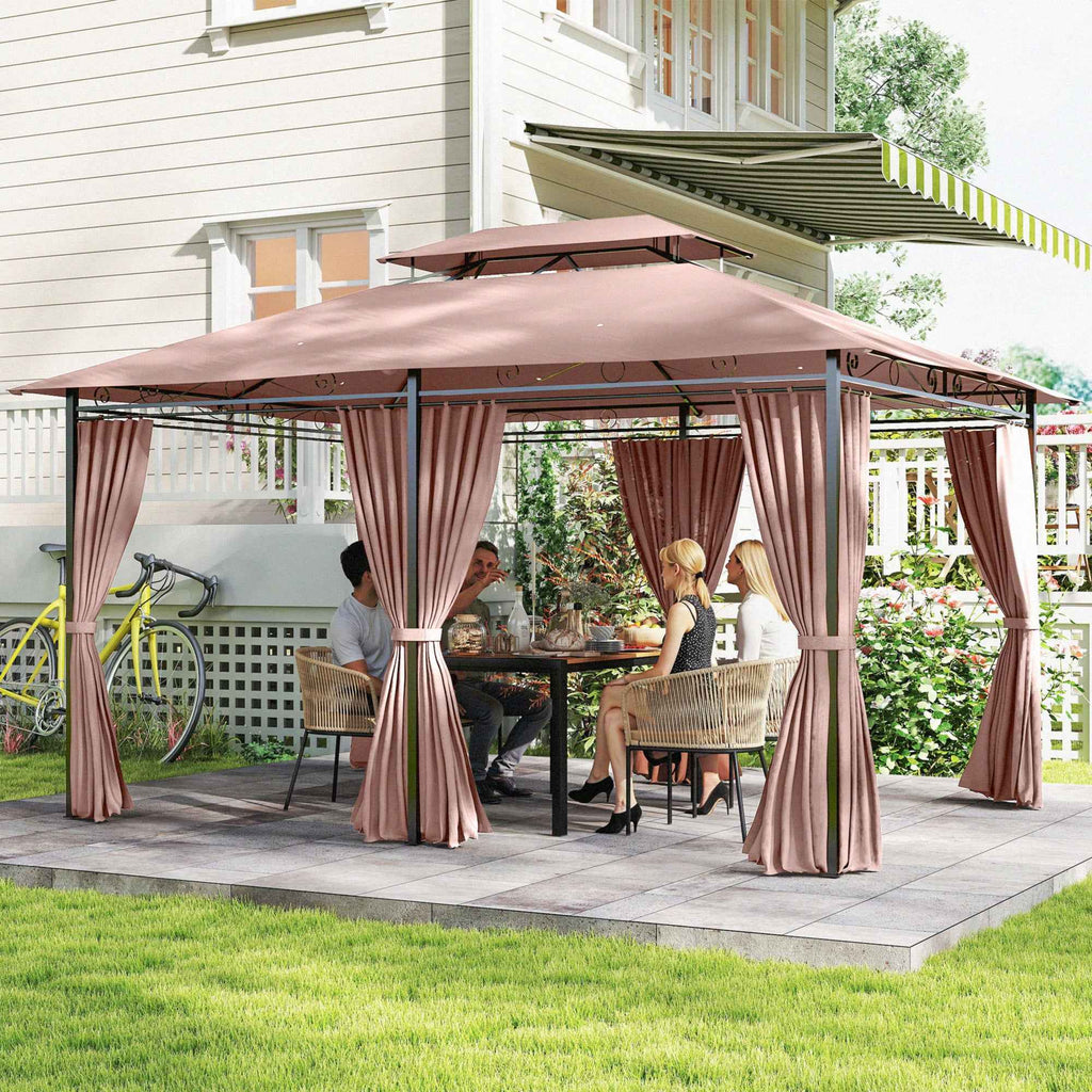 Outsunny 4x3m Garden Gazebo with Double Roof and Side Awnings in Steel and Polyester, Khaki Color