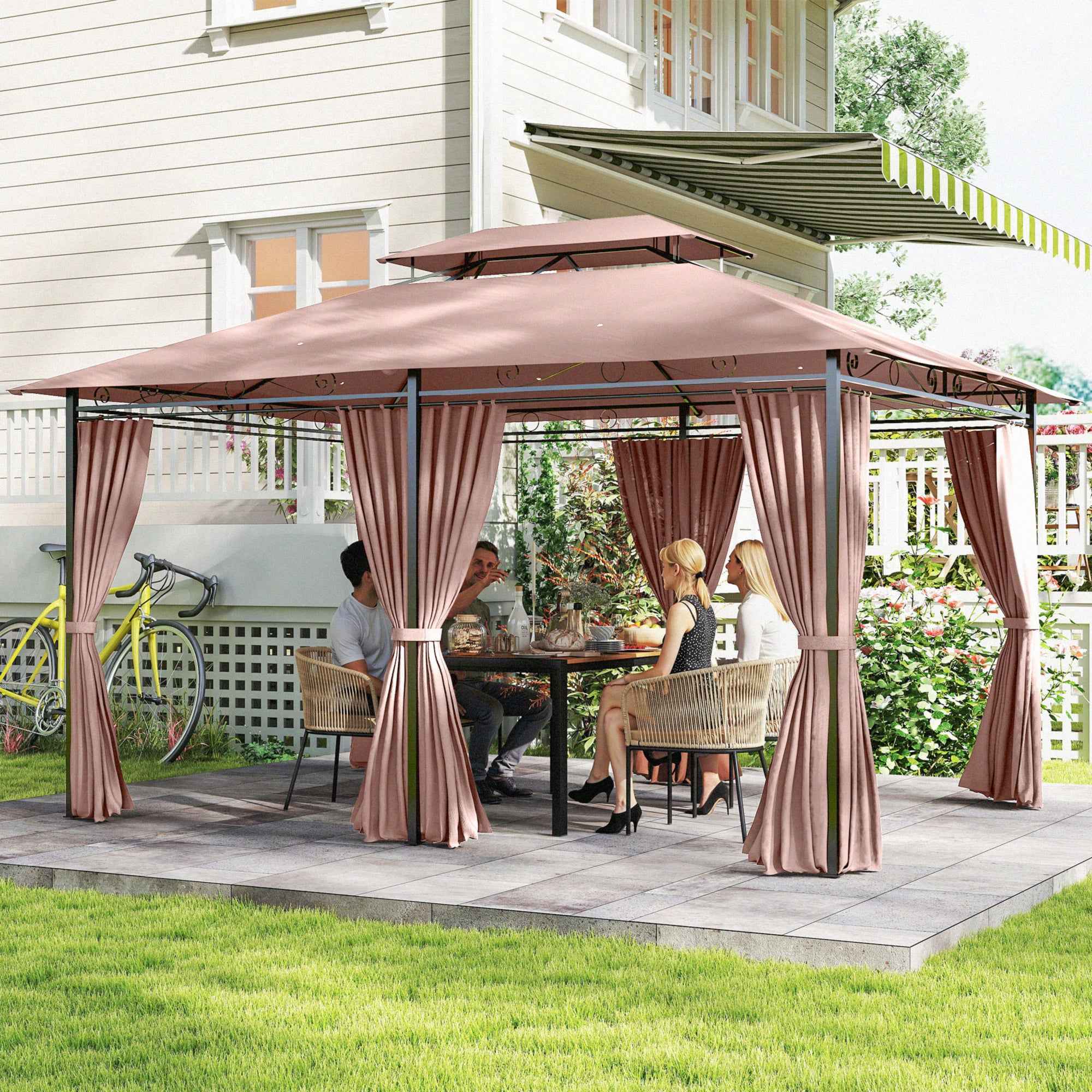 Outsunny 4x3m Garden Gazebo with Double Roof and Side Awnings in Steel and Polyester, Khaki Color