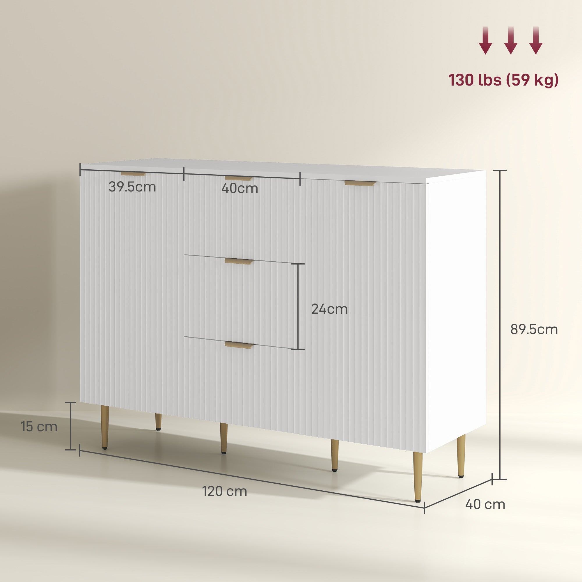 Modern Sideboard with 3 Drawers, 2 Cabinets and Adjustable Shelves, Wood and Metal, White