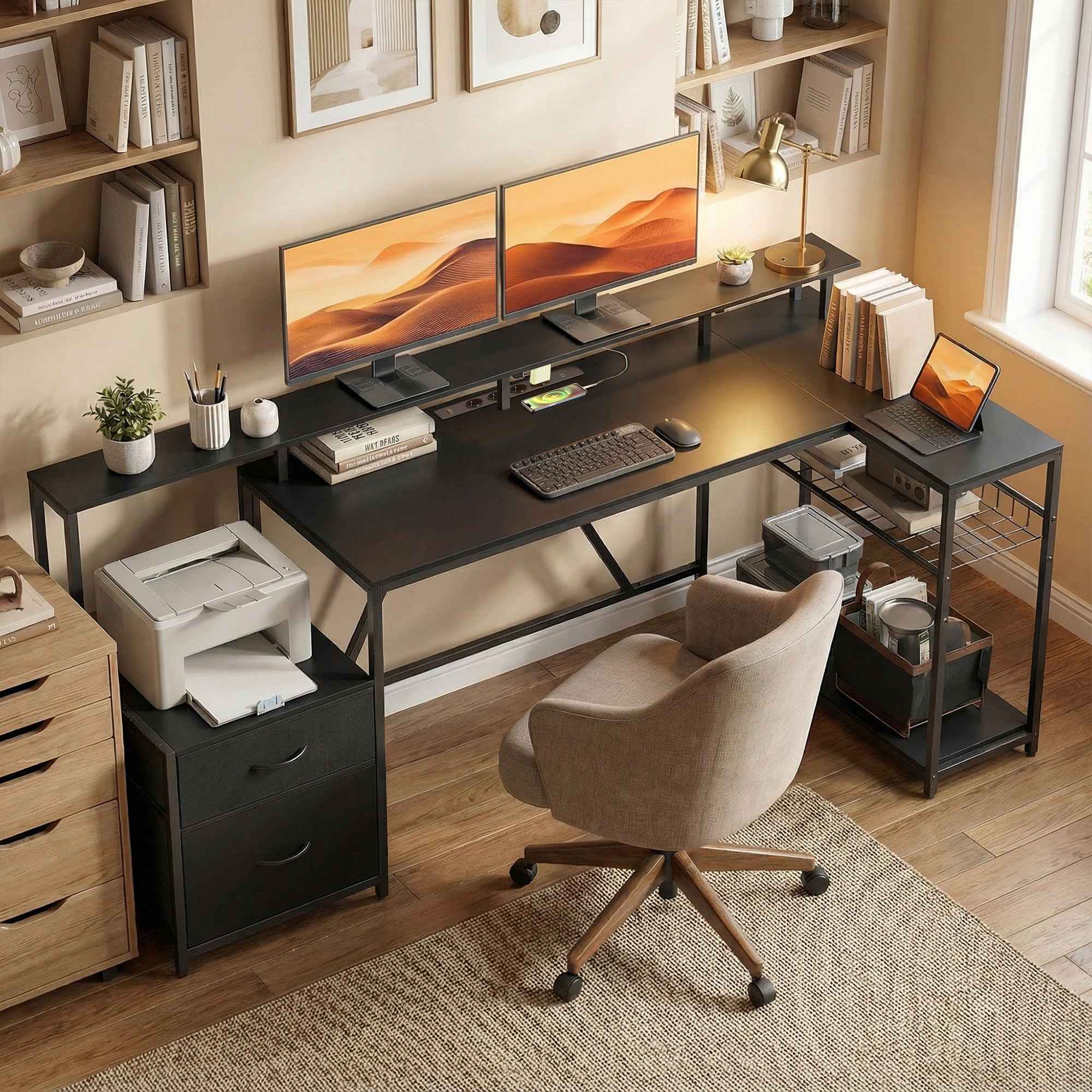 Corner Gaming Desk with Charging Hub, LED Lights and Monitor Stand, Wood and Steel, 192.5x80x86.5 cm, Black