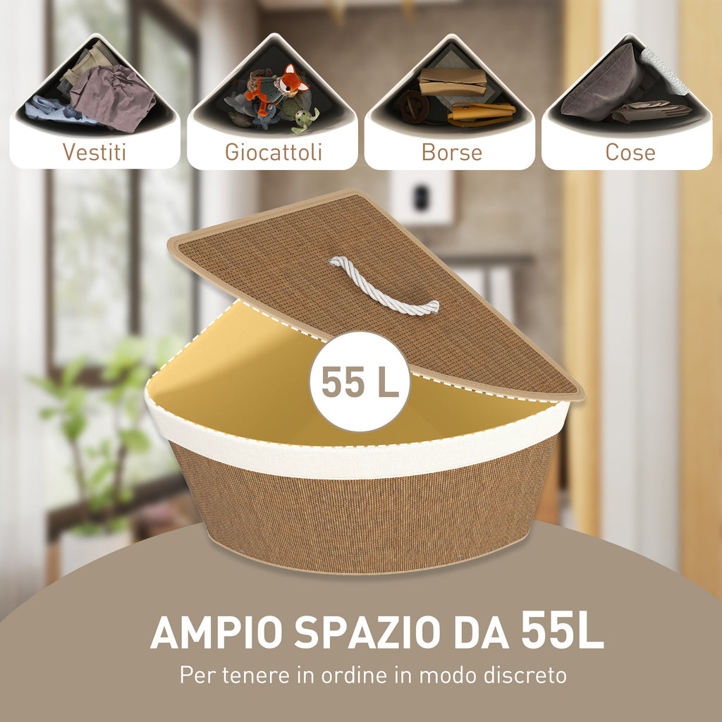 55L Corner Bamboo Laundry Hamper with Removable Bag and Removable Lid, 35x35x60 cm, Brown