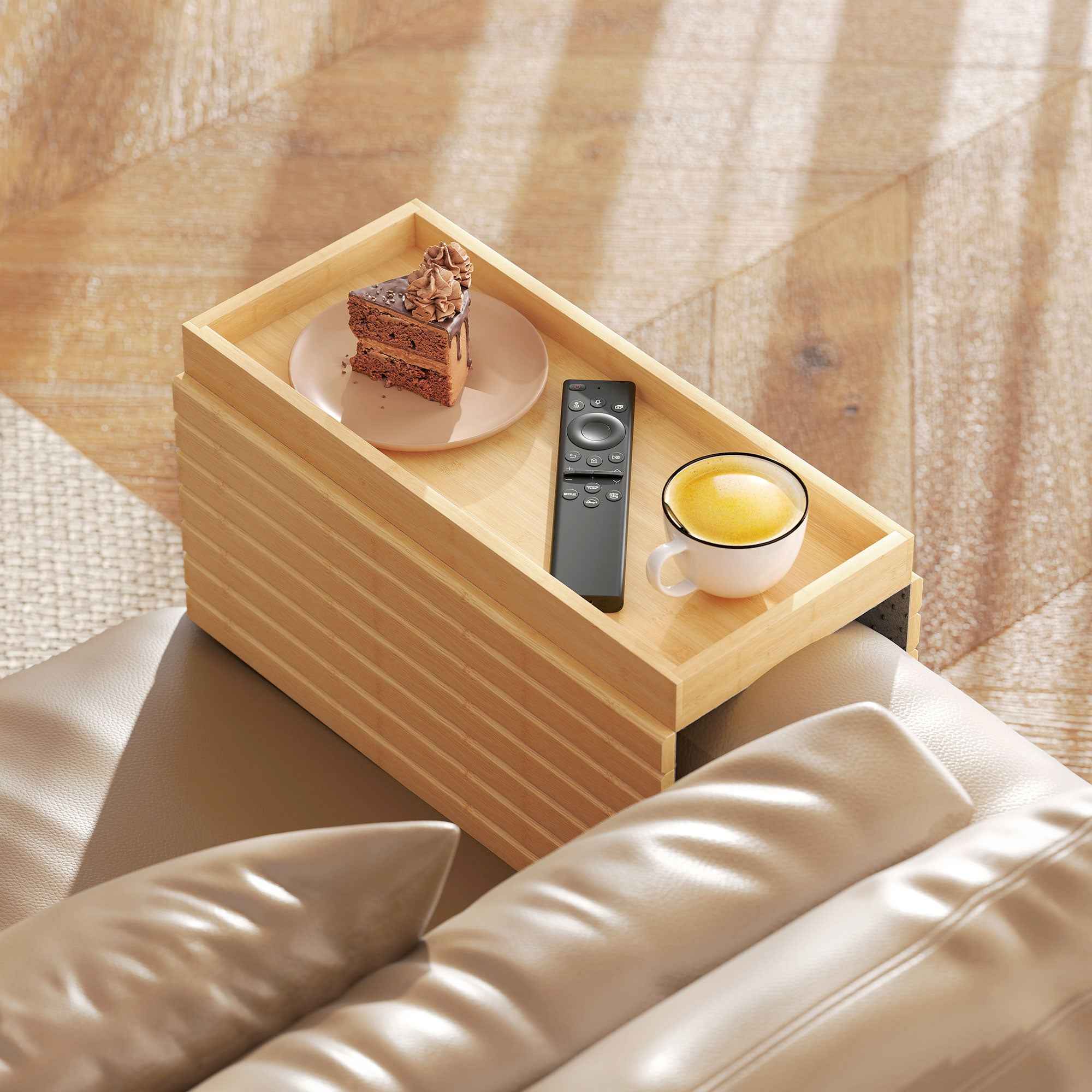 HOMCOM Bamboo Sofa Armrest Tray, Flexible Sofa Mat with Tray, Wood Color