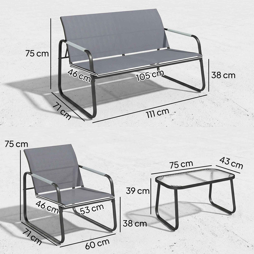 Outsunny 4-Piece Garden Set with 2-Seater Sofa, 2 Chairs and Coffee Table, Grey Metal Frame
