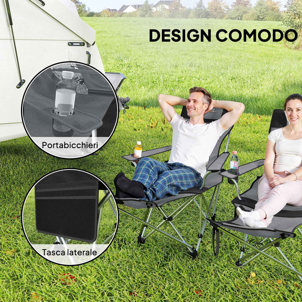 Outsunny Set of 2 Folding Camping Chairs with Footrest and Cup Holder, 82x50/100x88 cm, Grey