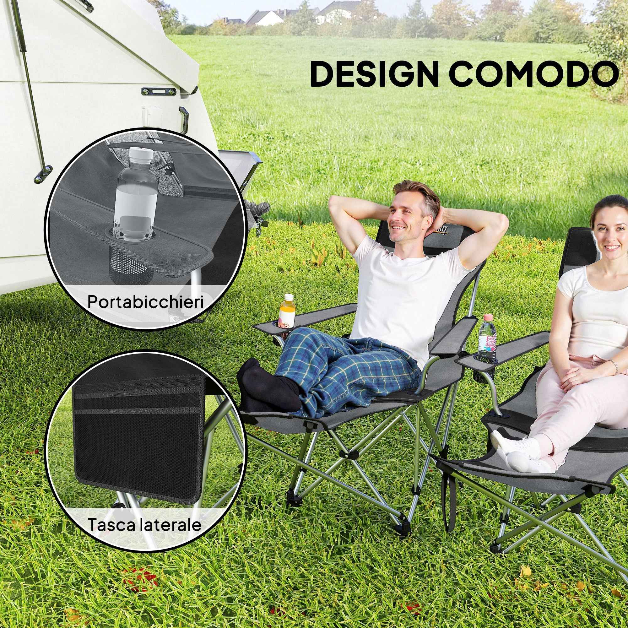 Outsunny Set of 2 Folding Camping Chairs with Footrest and Cup Holder, 82x50/100x88 cm, Grey