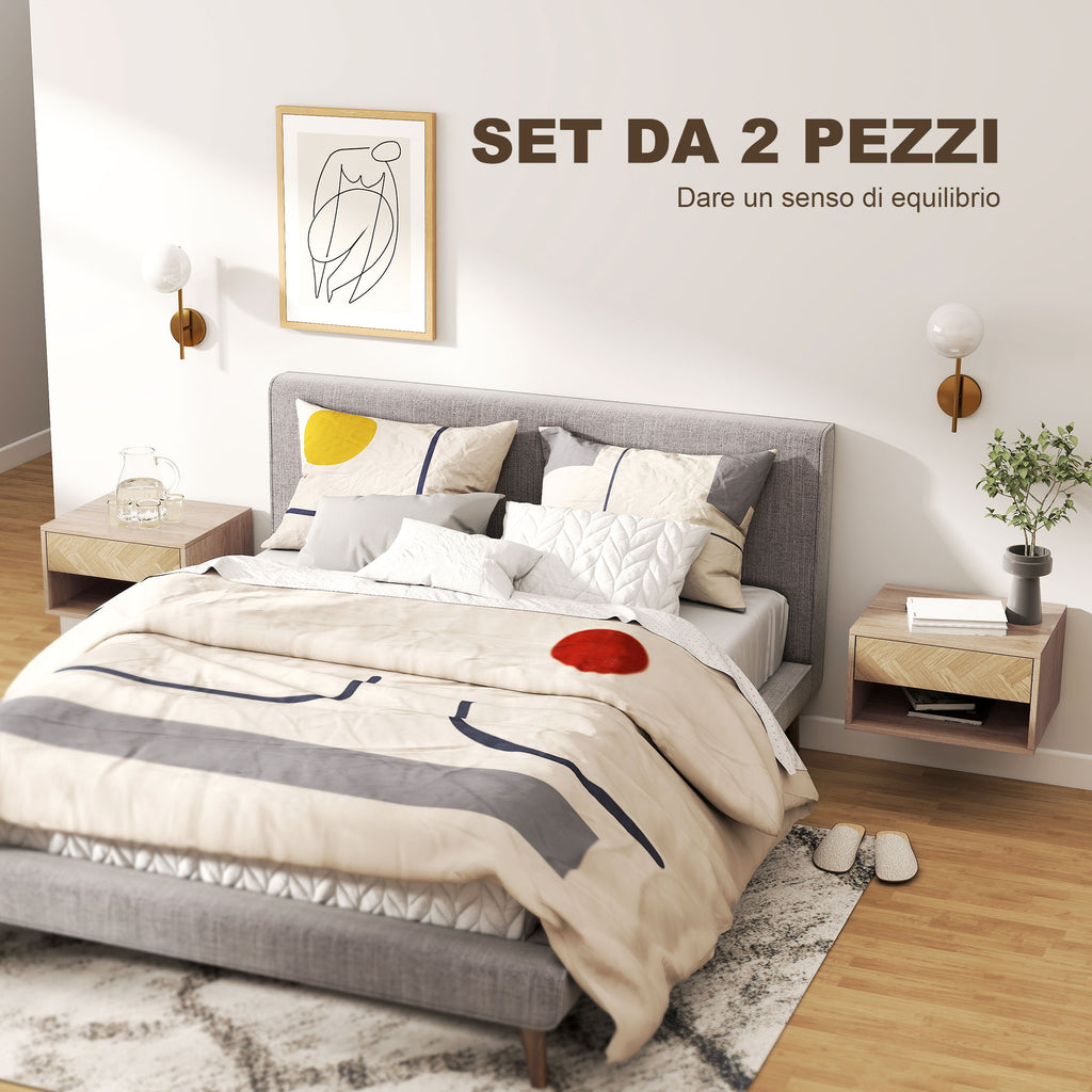 HOMCOM Set of 2 Modern Floating Bedside Tables with Drawer and Open Compartment, 37x32x21 cm, Natural Wood