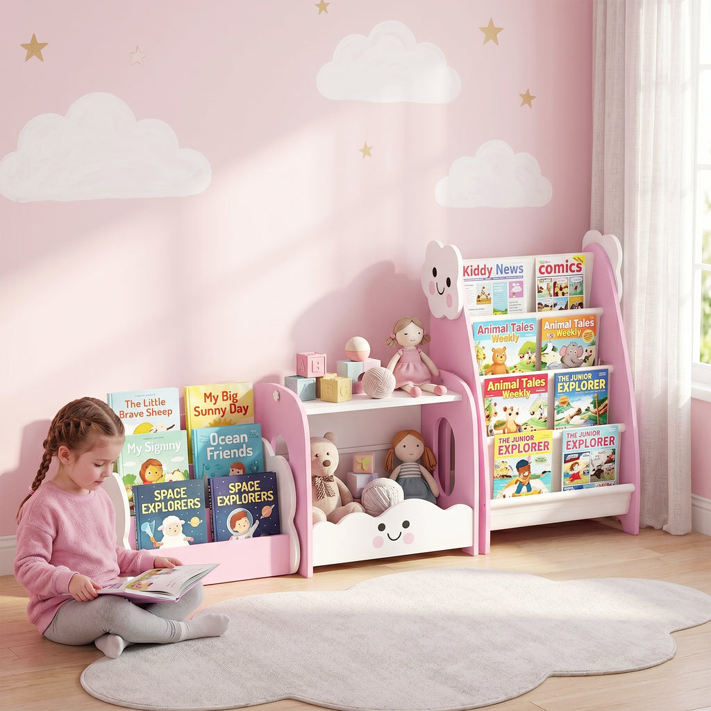 AIYAPLAY Children's Wooden Cabinet with Magazine Rack, 3-Tier Bookcase and Bedside Table, 85.5x32x72 cm, Pink and White