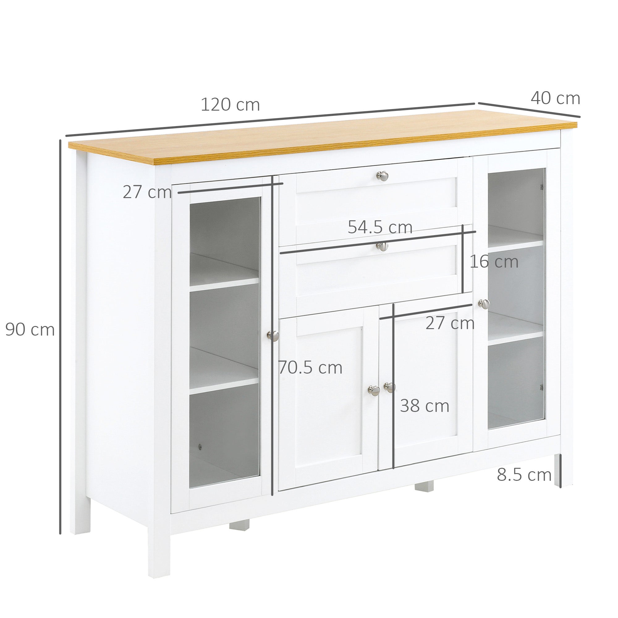 Kitchen Cabinet with 2 Drawers and 3 Cupboards, Glass Doors and Adjustable Shelves, 120x40x90 cm, White and Oak