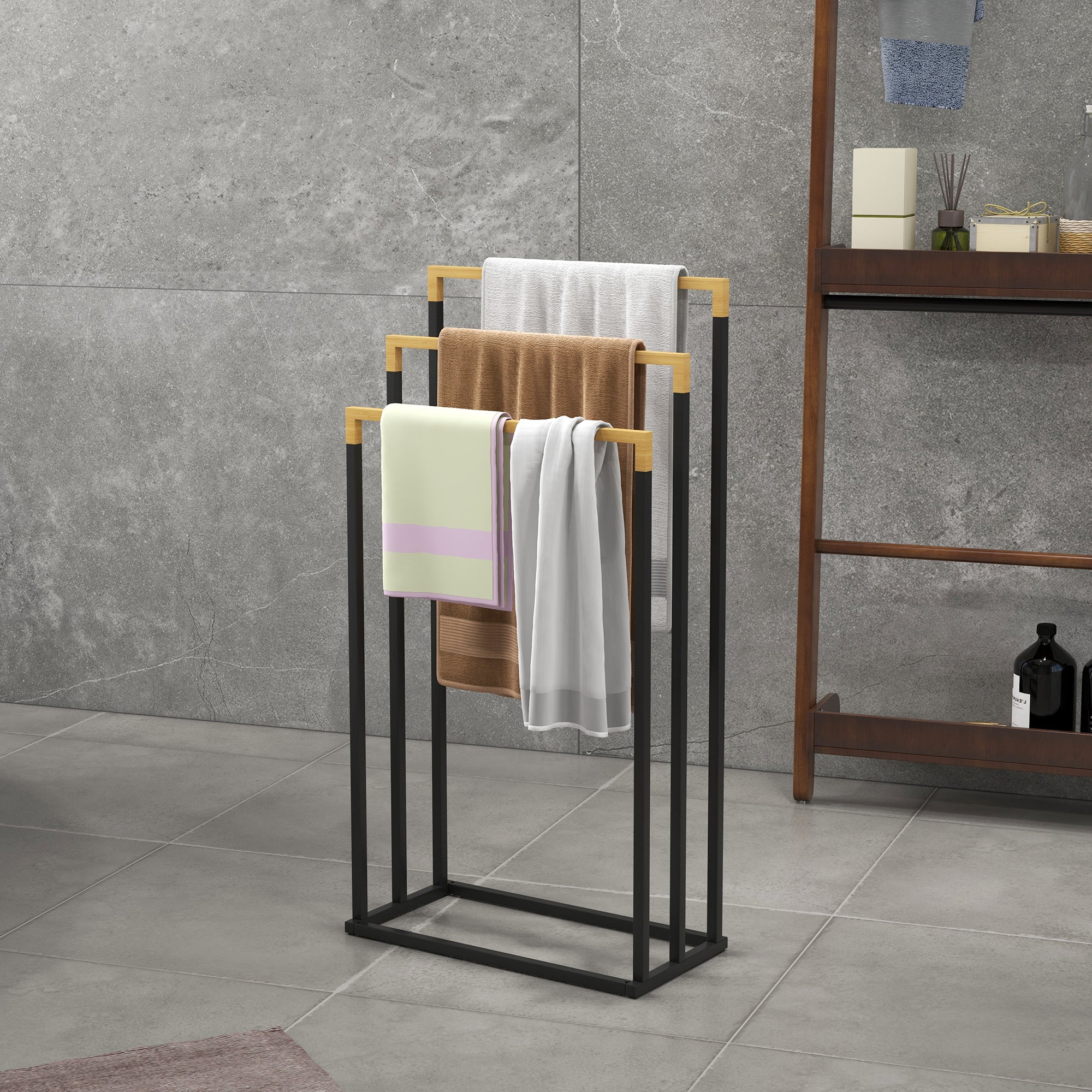 kleankin 3-Bar Bamboo and Steel Towel Rack with Freestanding Design, 45x22.5x86 cm