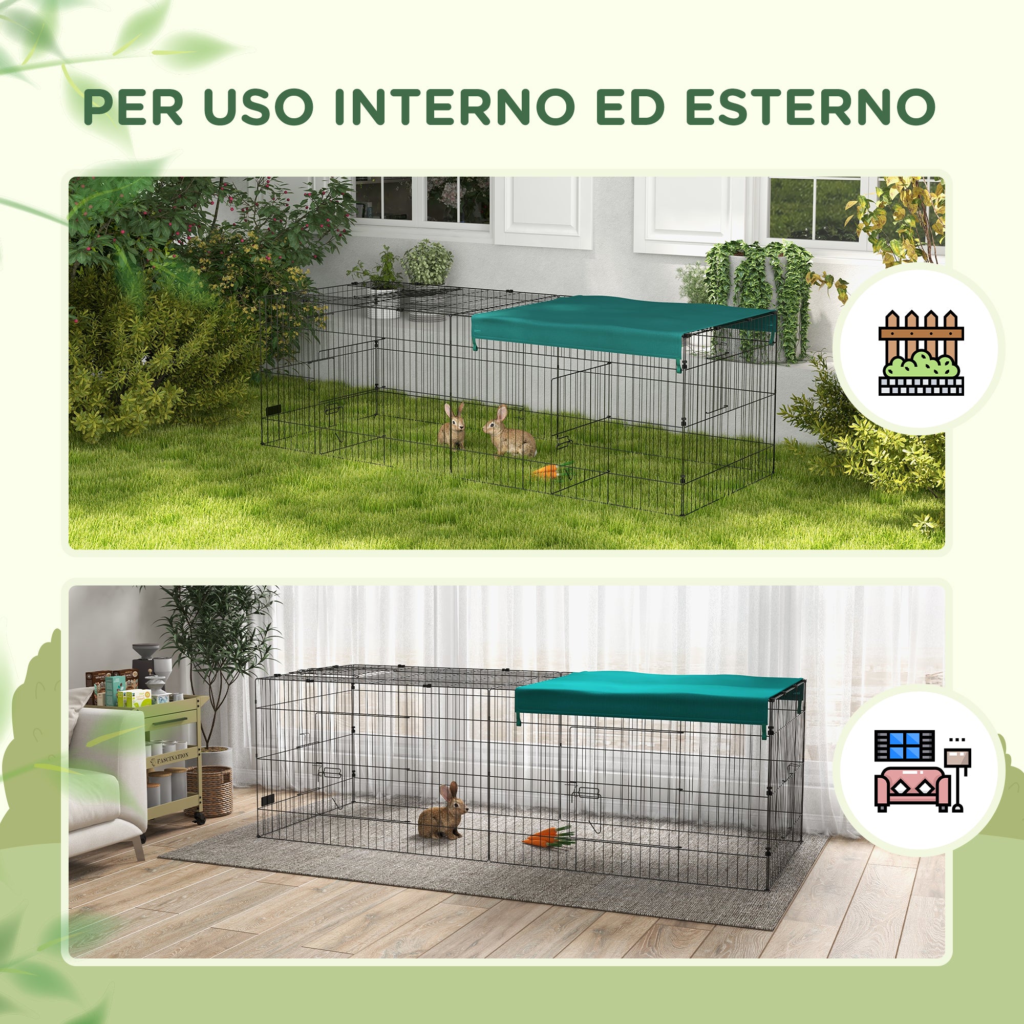 Pawhut for outdoor and interior rabbits with steel roof, 220x85x70cm, green - Borgè