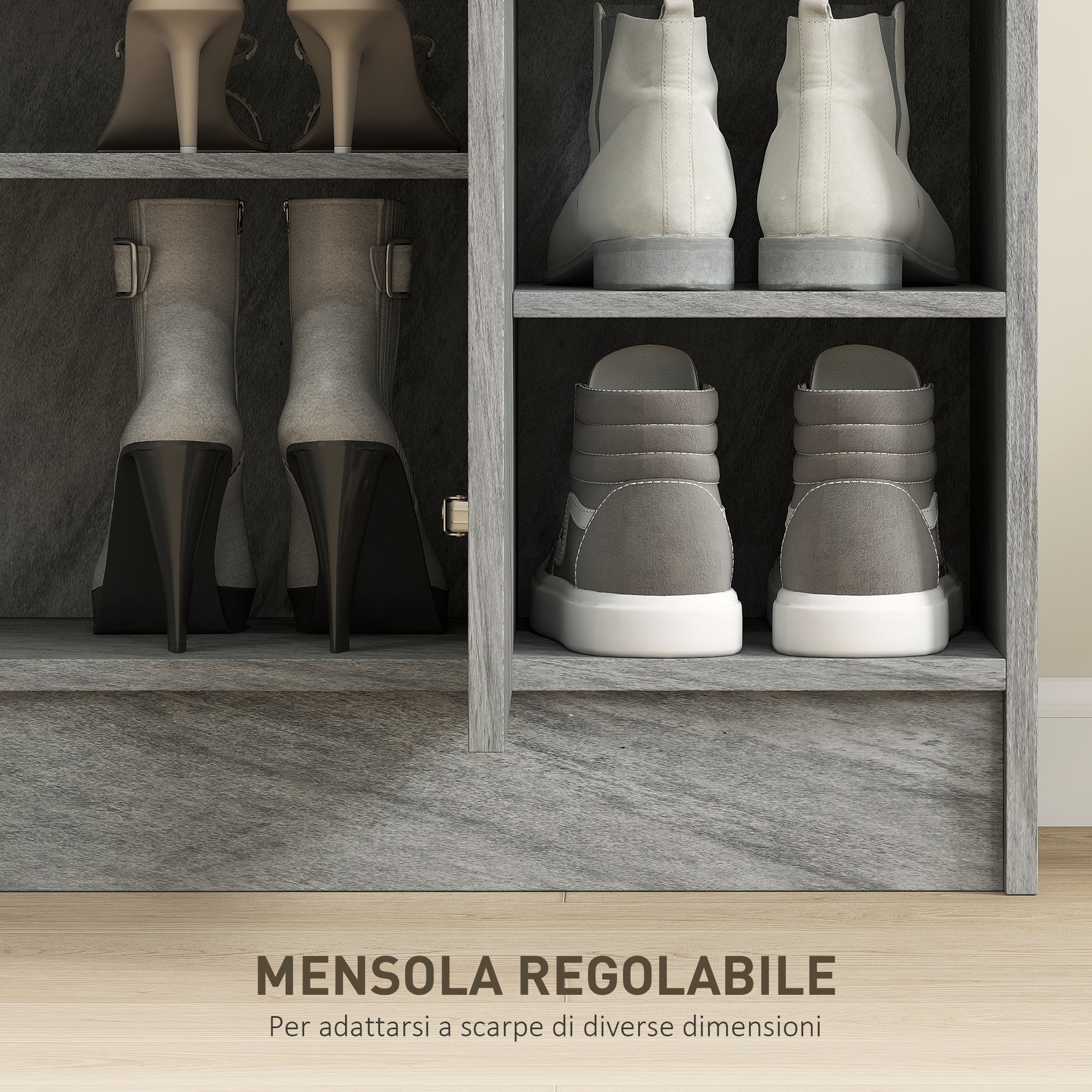 Modern Wooden Shoe Rack with 4 Open Shelves and 12-Pair Storage, 83x30x90 cm, Cement Grey