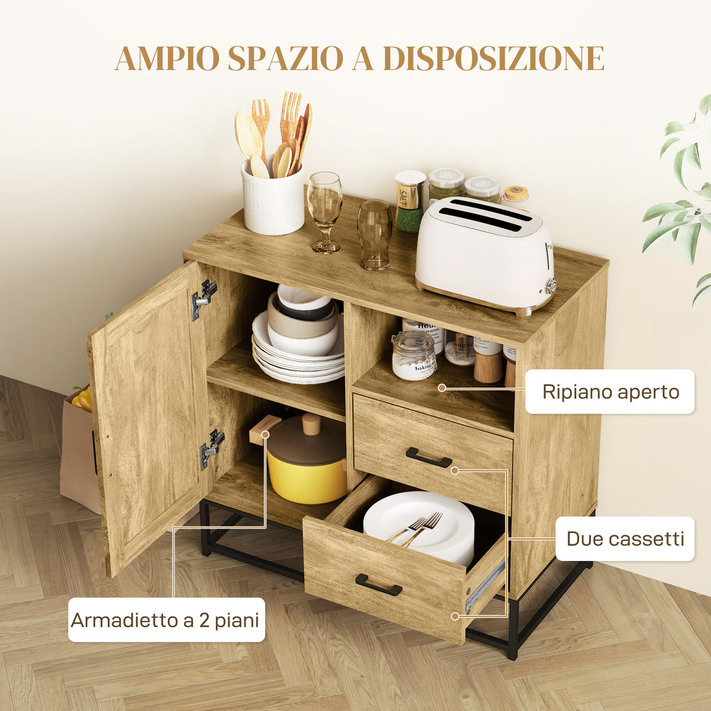 Modern Sideboard with 2 Drawers, Adjustable Cabinet and Open Shelf, in Wood and Steel, 80x40x78 cm, Brown