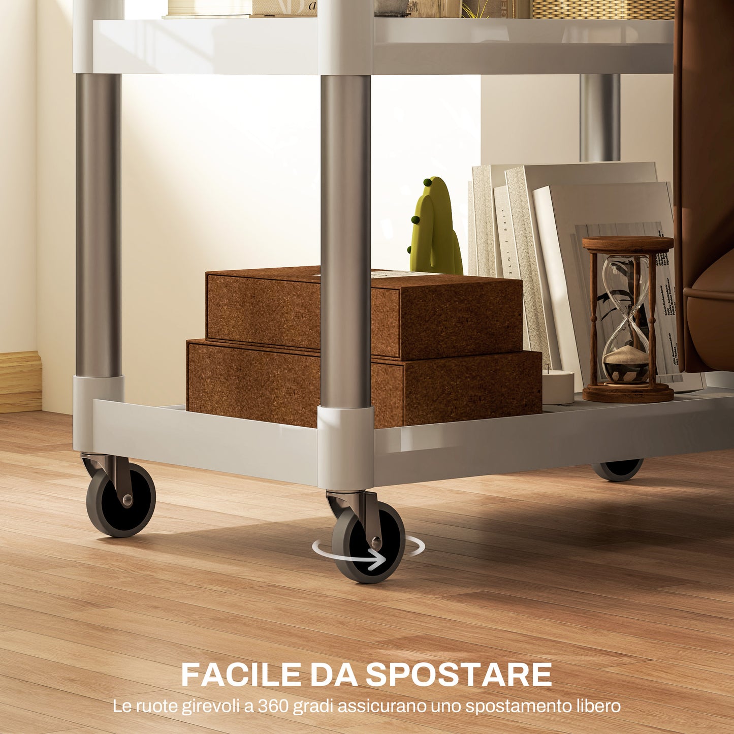 3-Tier Food Trolley in PP and Aluminum Alloy, 88x44x93 cm, White and Silver