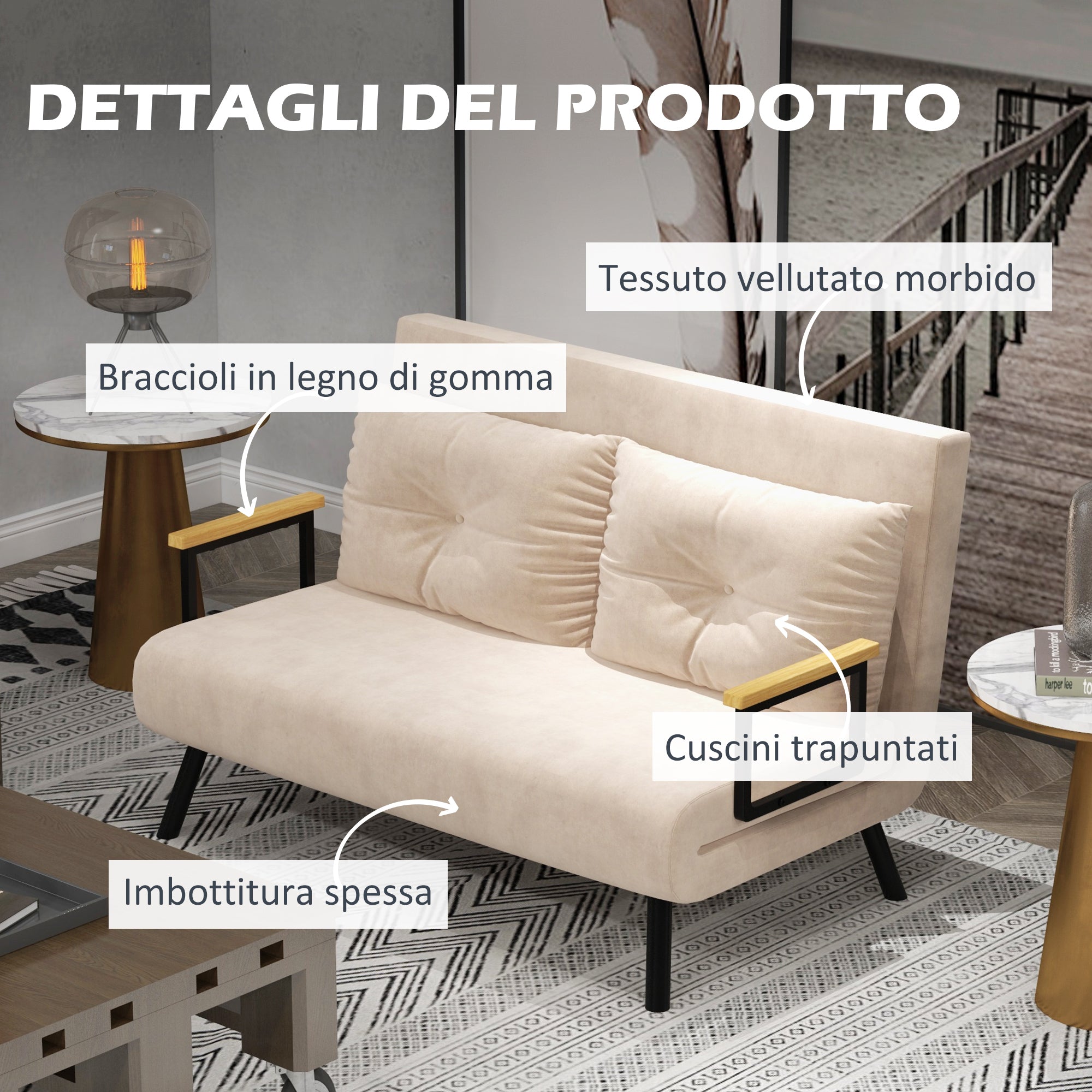 3-in-1 Velvet Fabric Sofa Bed with Adjustable Backrest and 2 Cushions, 102x73x81 cm, Beige