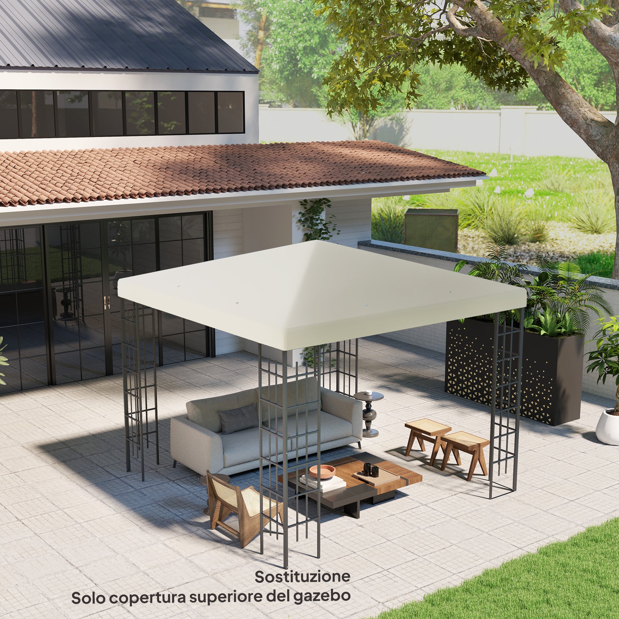 3x3m 600D Oxford Fabric Garden Gazebo Cover with Drainage Holes, Cream White